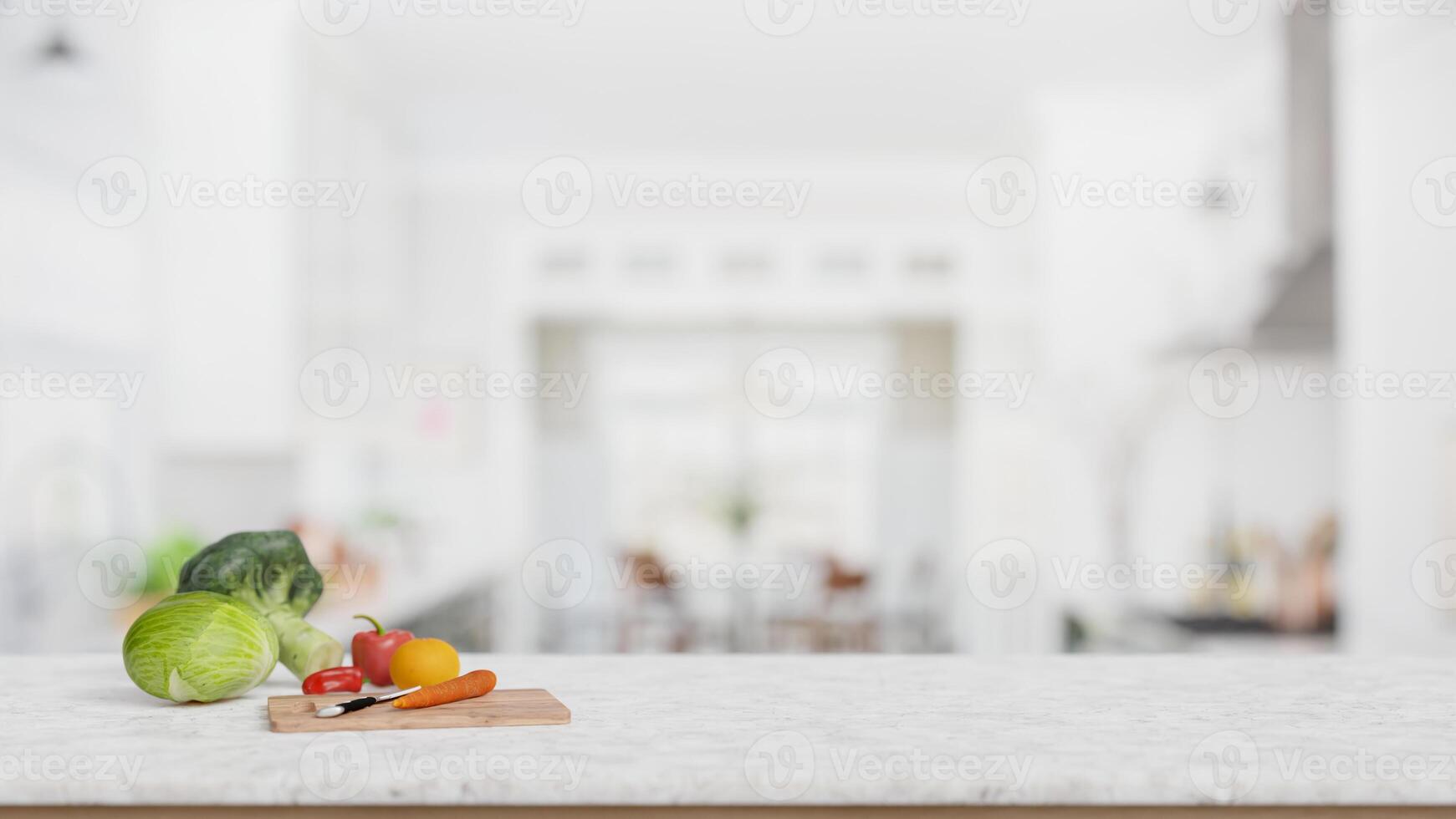 A white marble kitchen tabletop with empty space, fresh vegetables and a chopping board in a kitchen photo