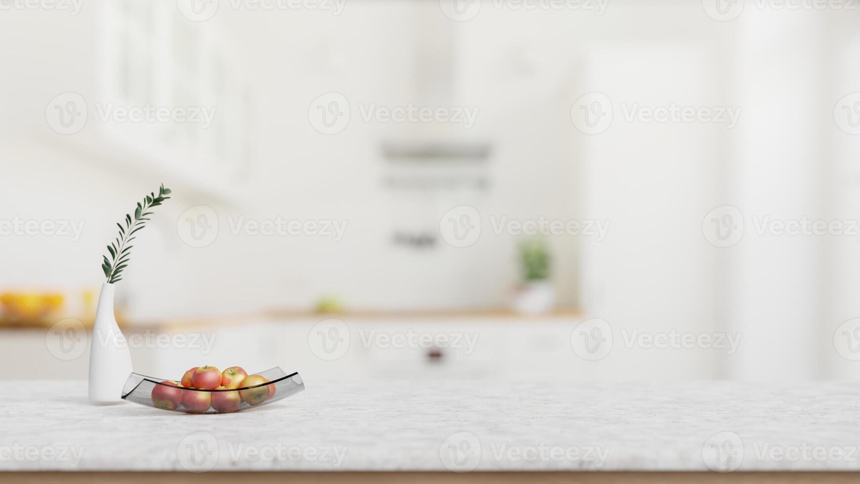 A close-up shot of a white marble kitchen tabletop with empty space in a modern white kitchen. photo