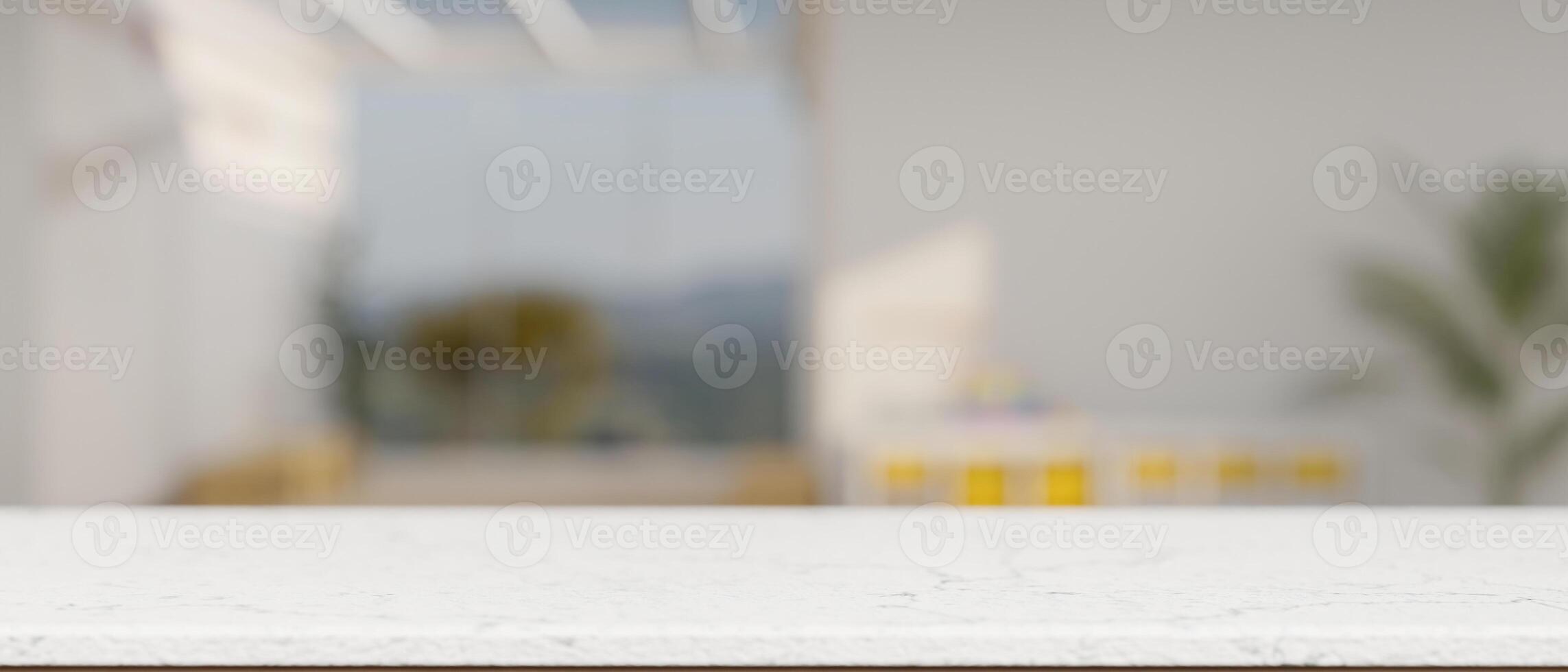 Empty space on a white marble tabletop with a blurred background of a contemporary living room. photo