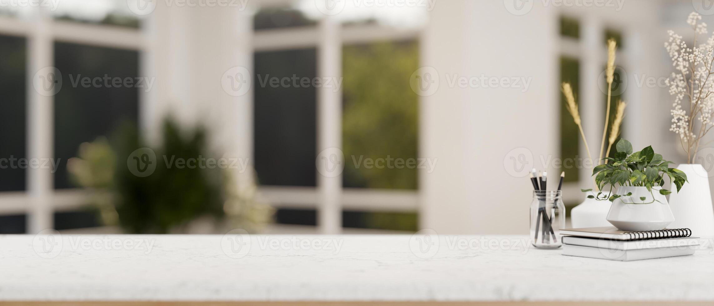 A table with empty space for display product with a blurred background of a modern white living room photo