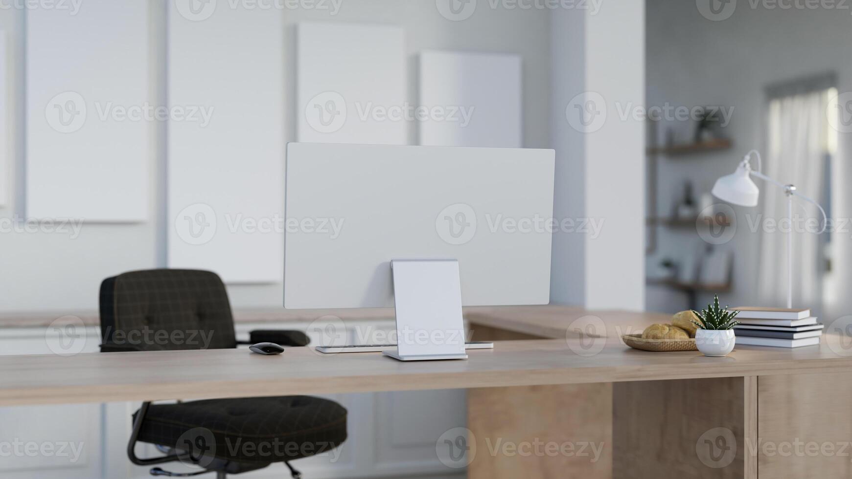 A back view image of a computer desk in a contemporary home office or private office. photo