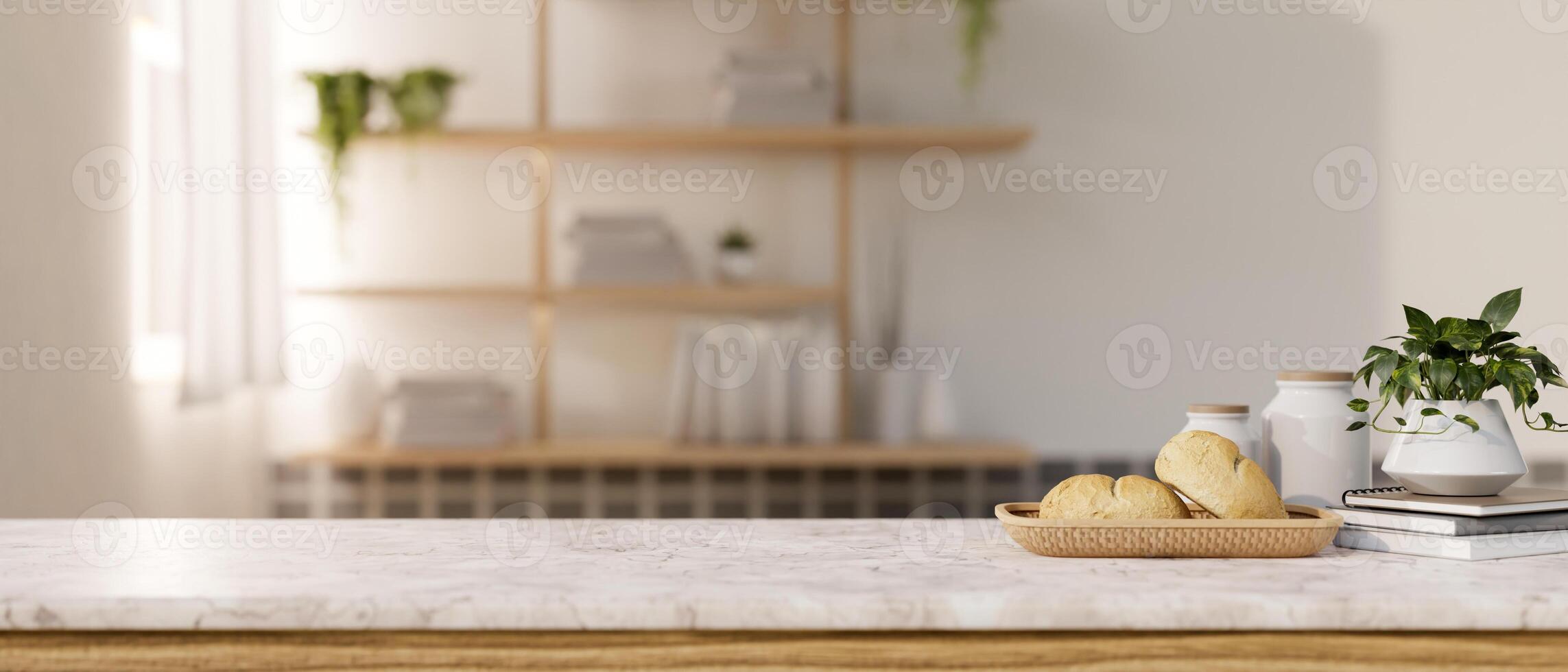 A display space on a white marble table showcases products in a minimalist room. photo