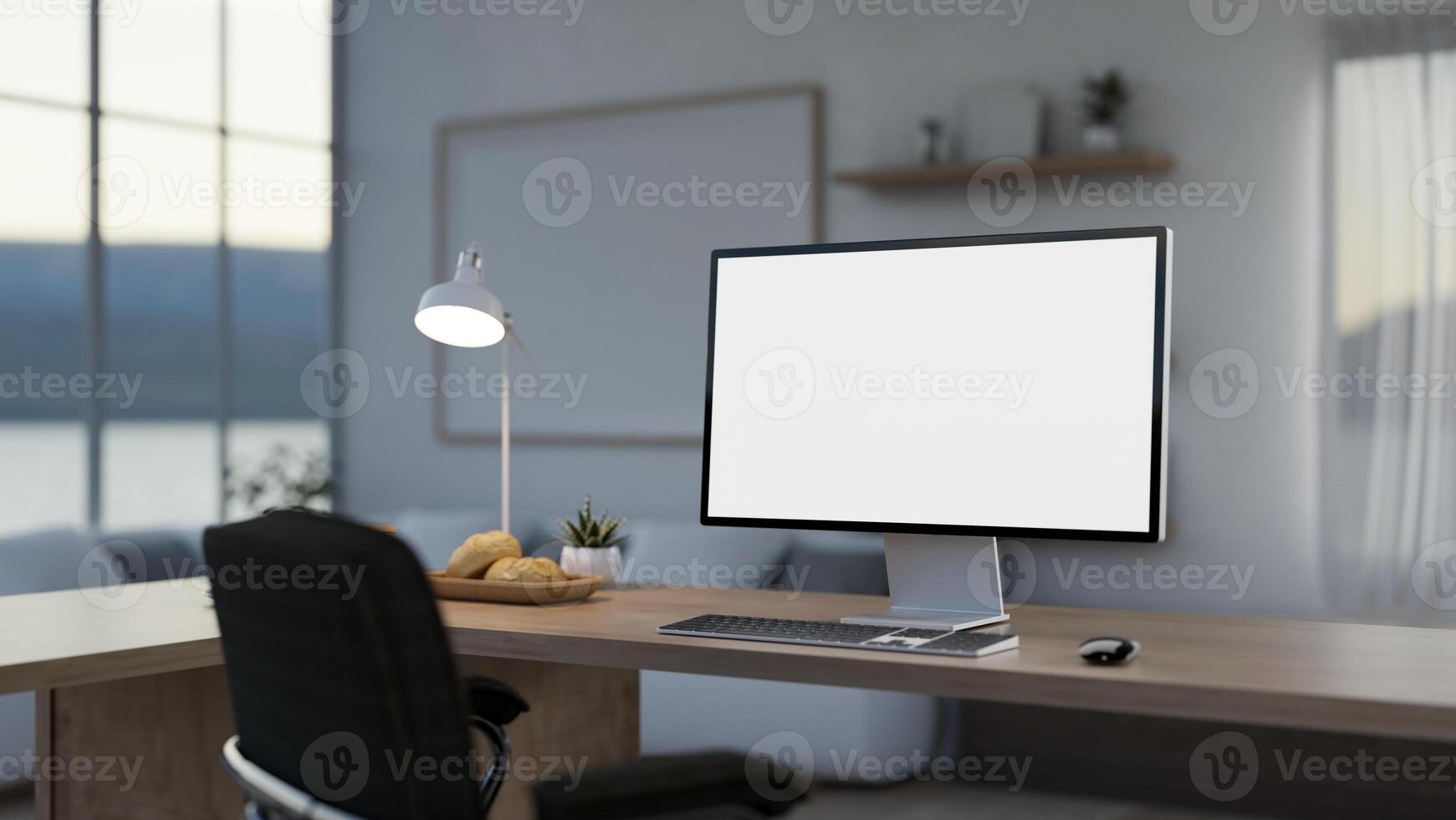 A contemporary private office or home office featuring a computer mockup on a wooden desk. photo