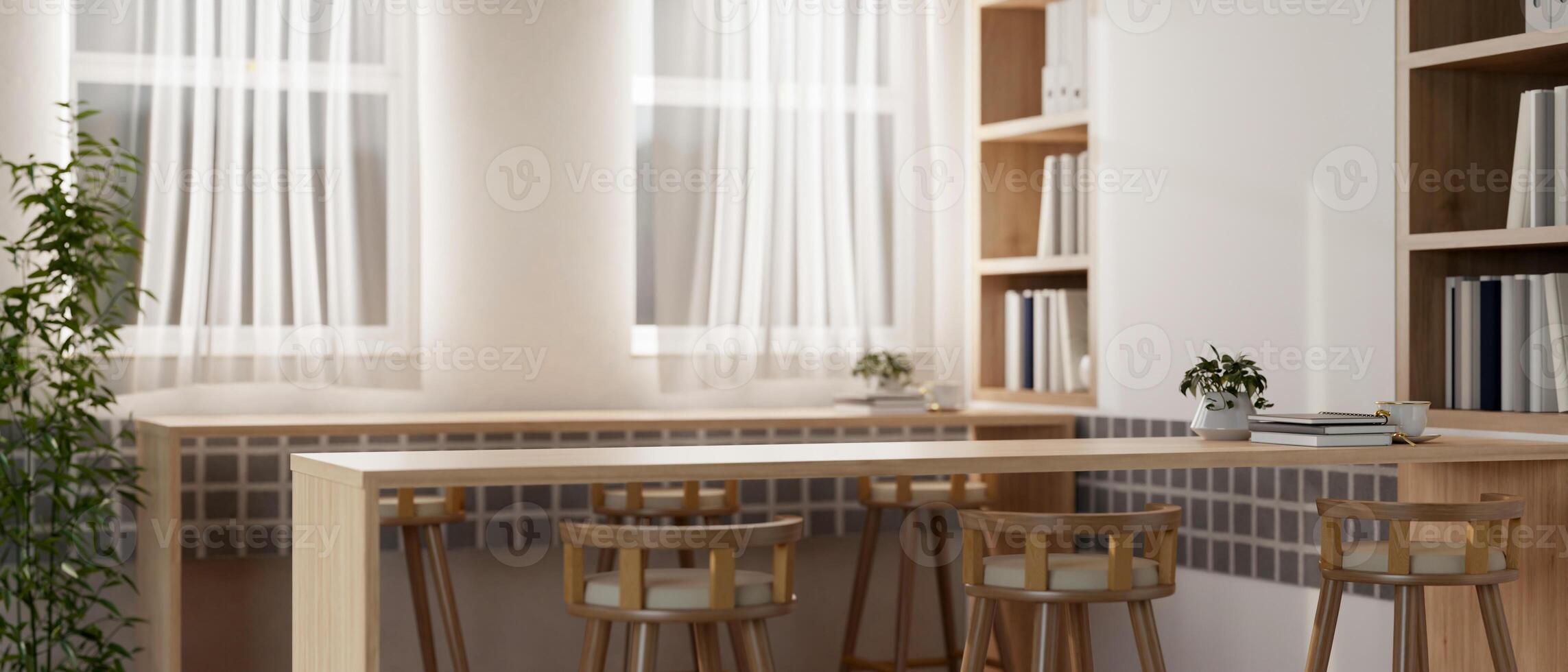 The interior design of a minimalist contemporary reading room or co-working space area in a library. photo