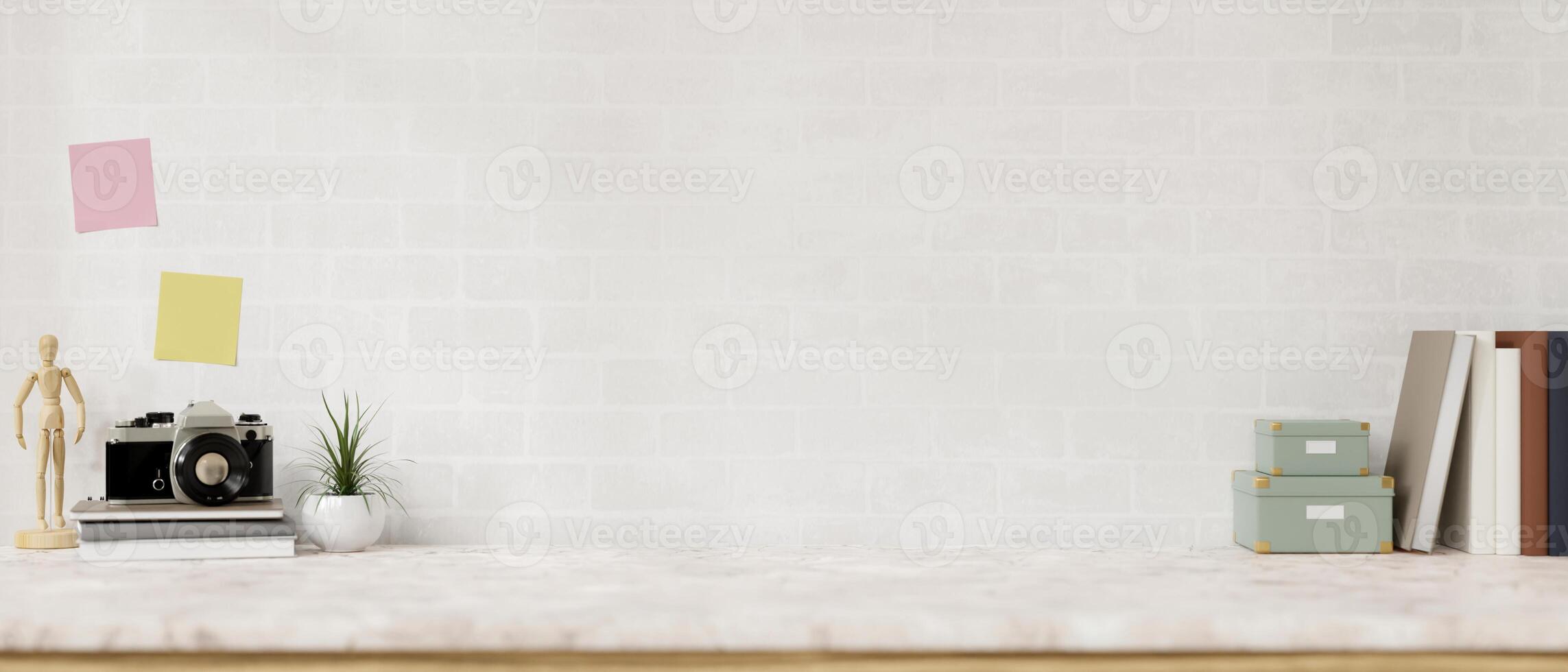 A marble white tabletop with objects and space for display products against the white tile wall. photo
