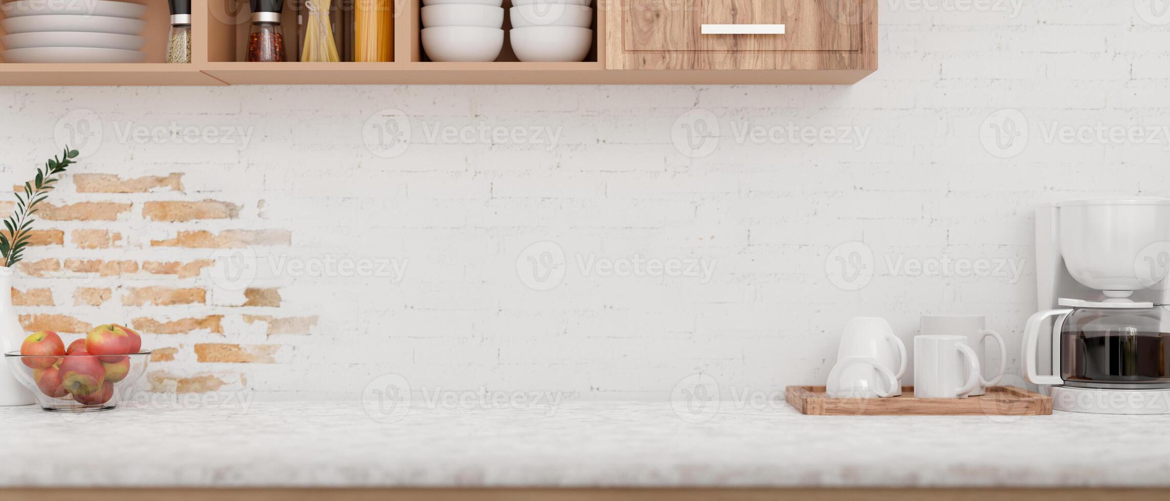 A display space on a kitchen tabletop features a coffee maker machine against the white brick wall. photo