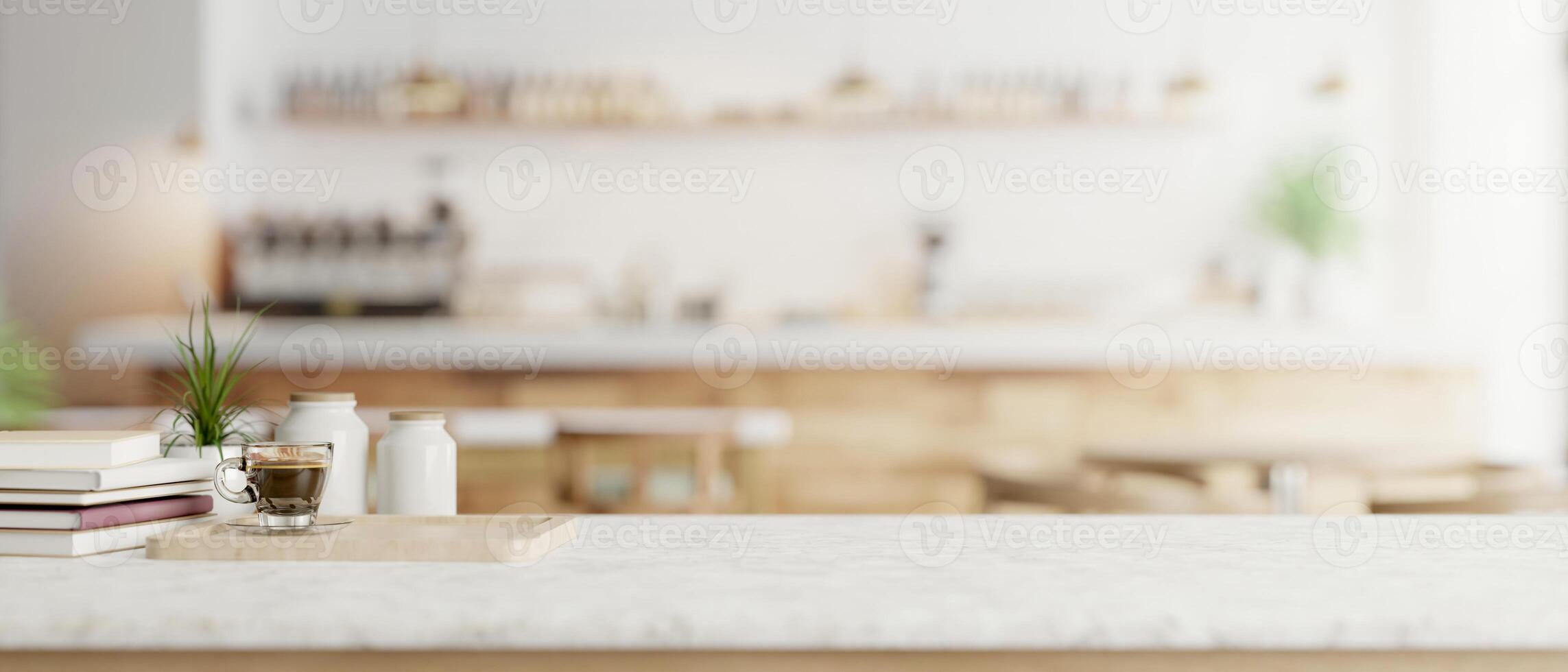 A white marble tabletop in a contemporary minimalist coffee shop cafe. photo