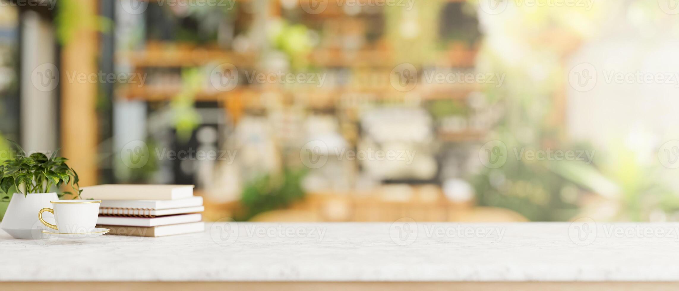 A white tabletop with a blurred background of a modern restaurant or coffee shop. photo