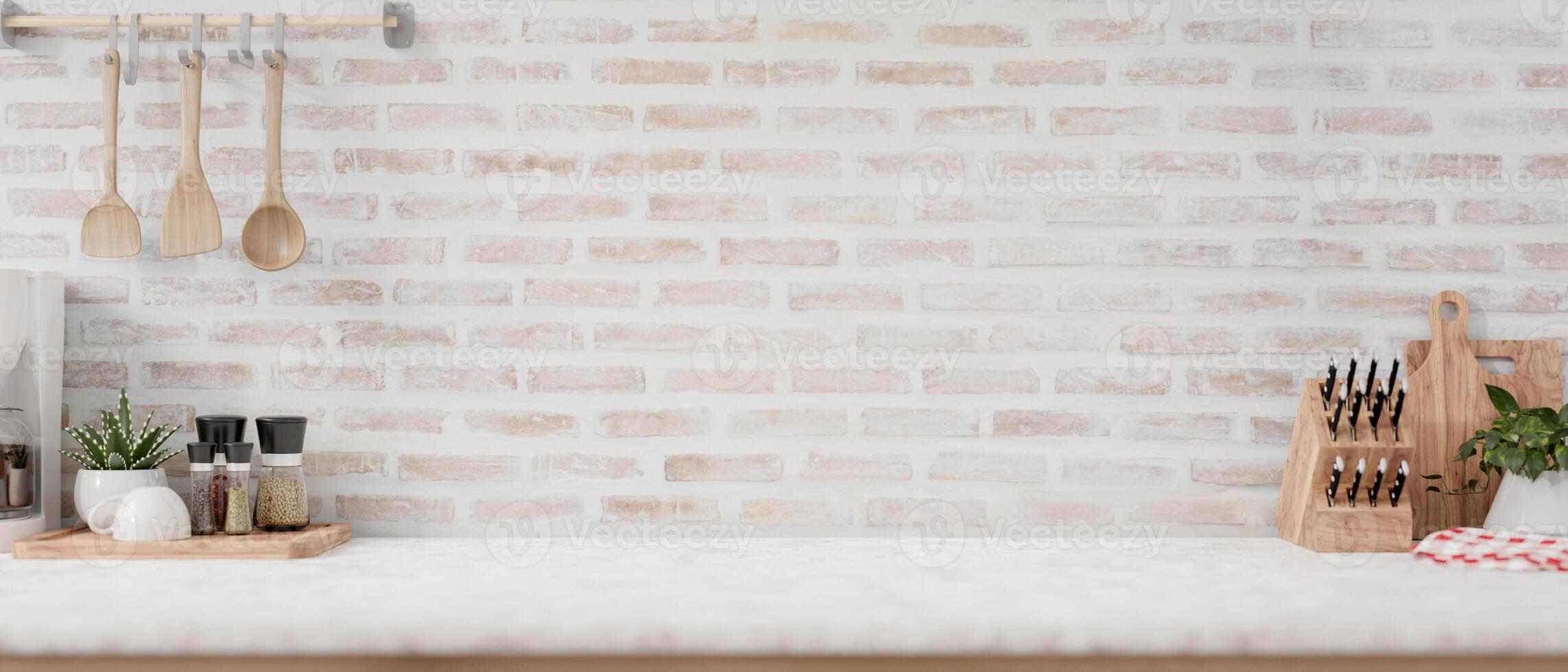 A display space on a white kitchen tabletop against the brick wall in a minimalist farmhouse kitchen photo