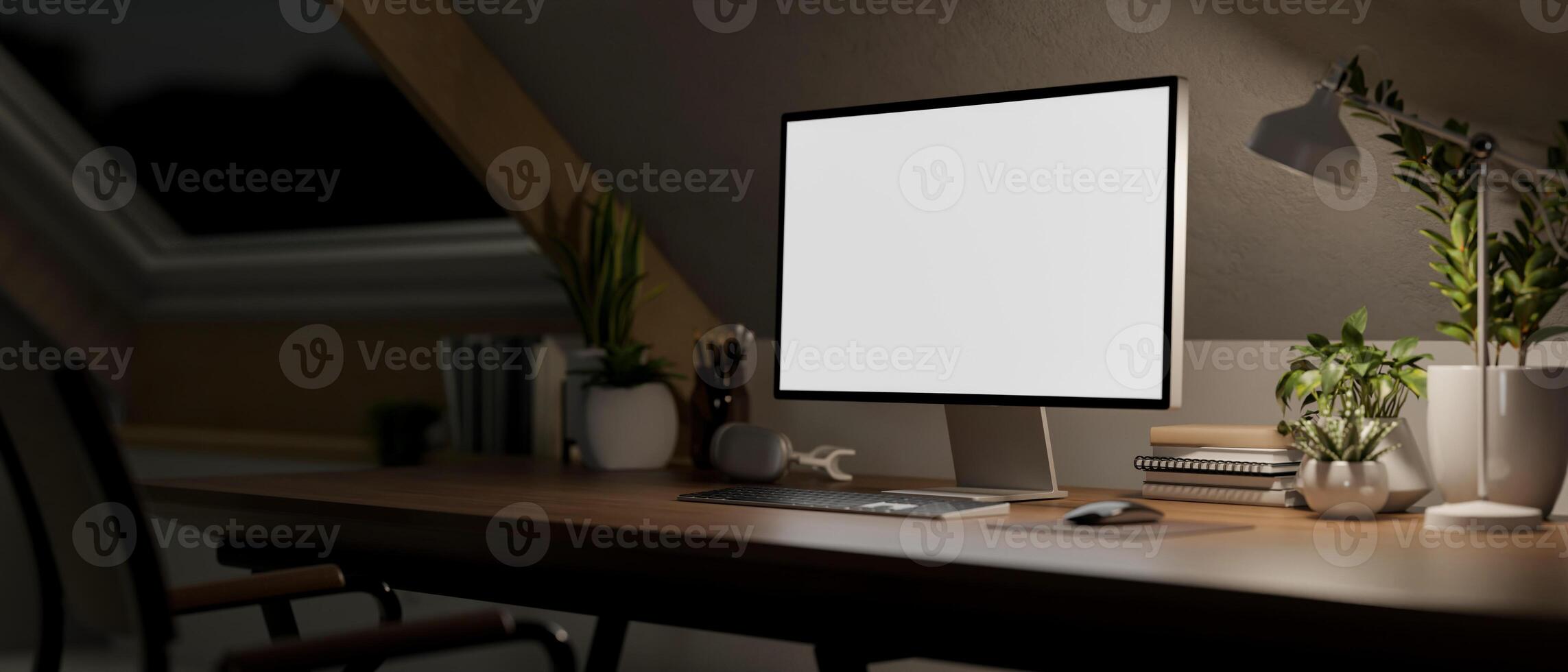 Contemporary minimalist home office workspace in the attic room at night features a computer mockup photo