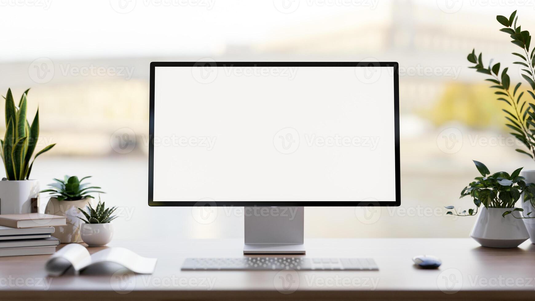 A computer white-screen mockup, a keyboard, books, and potted plants on a desk against the window. photo