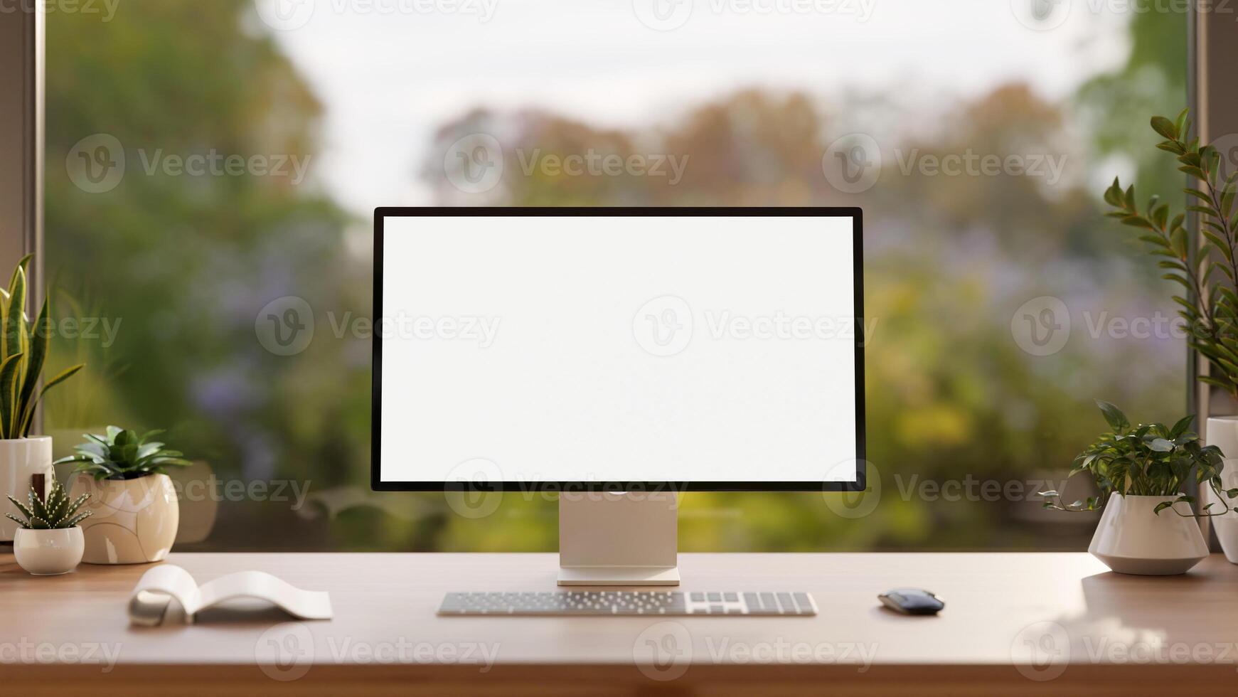 A computer mockup on a wooden desk against the large glass window with a nature view. photo