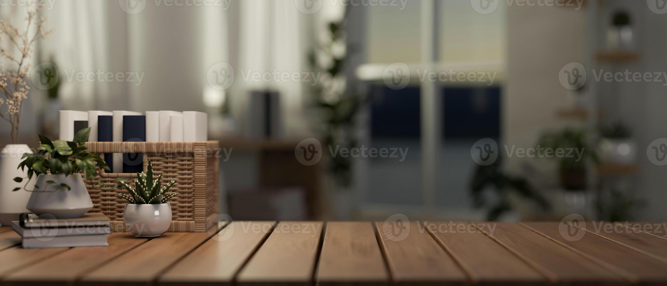A wooden tabletop feature a copy space against a blurred background of a minimalist apartment room. photo