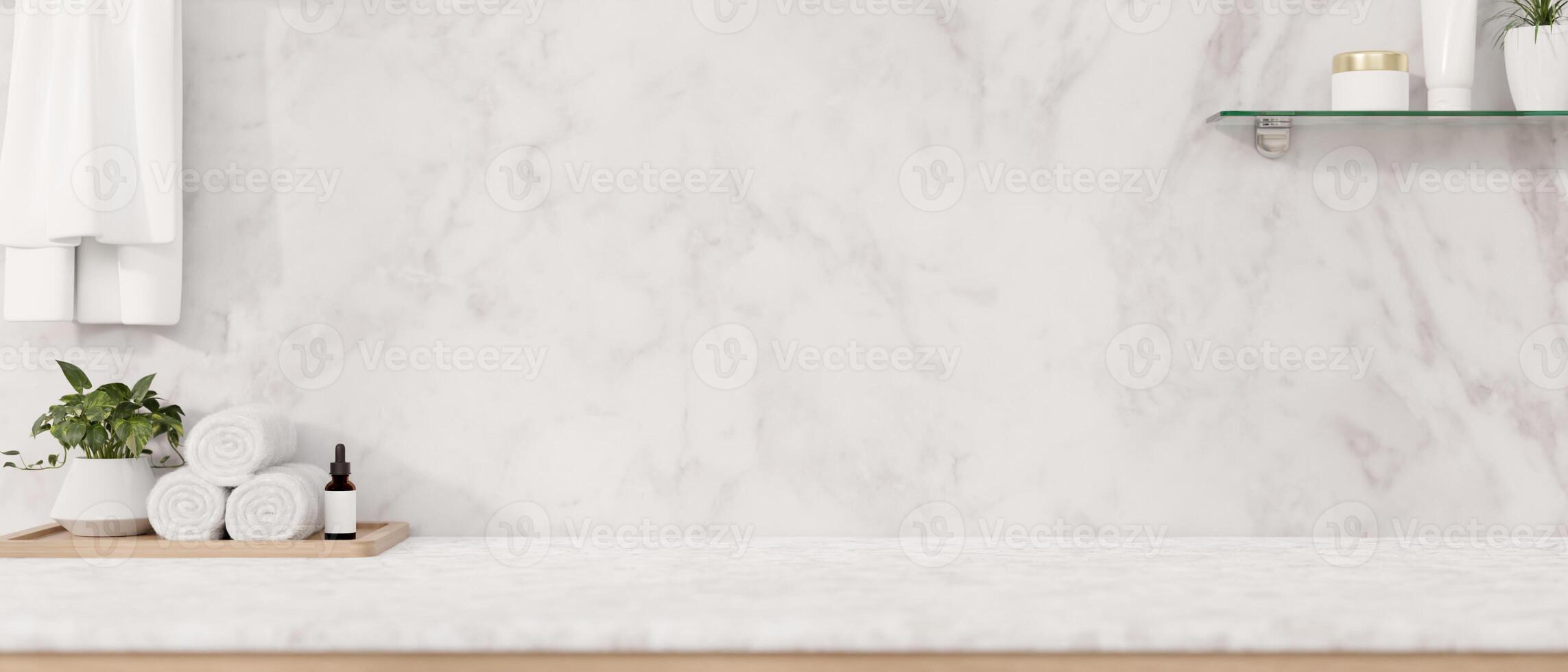 A modern luxurious white marble bathroom tabletop features a toiletry set, towels, and a space. photo