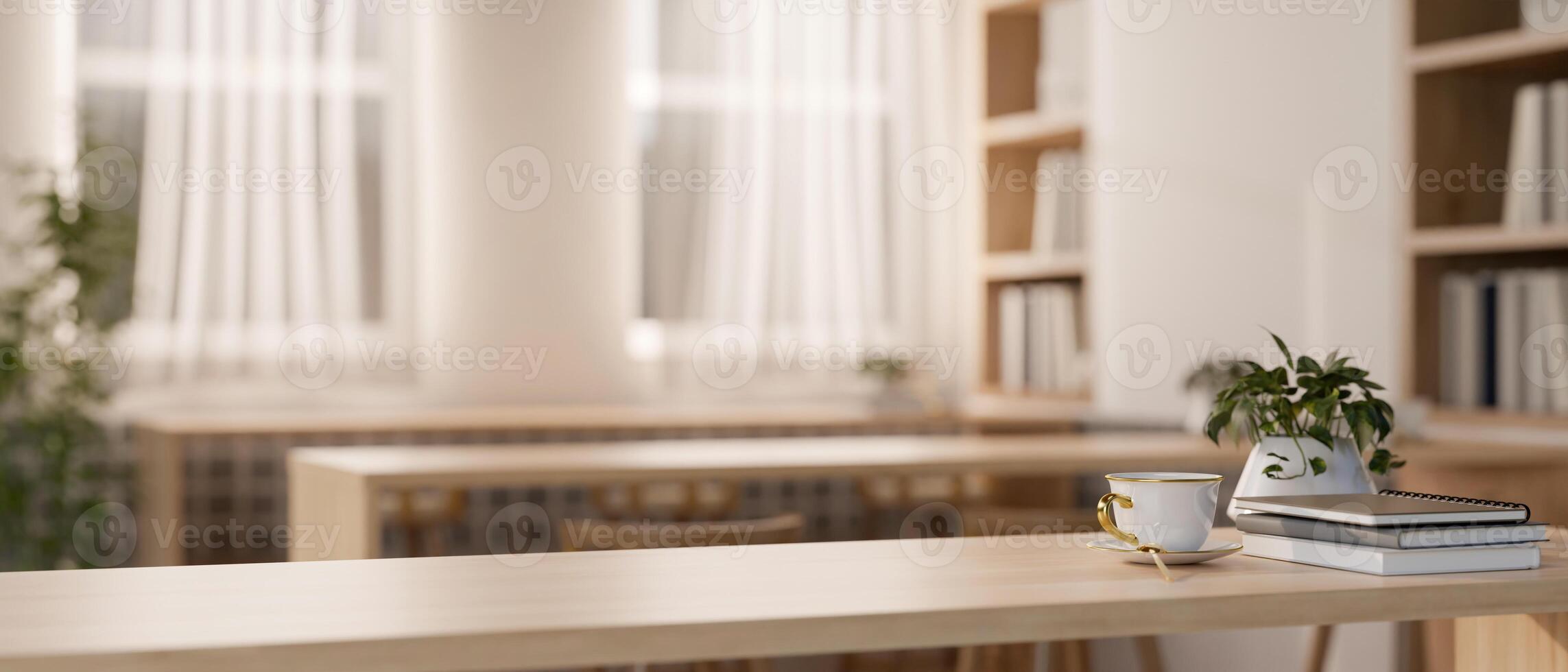 A space for displaying products on a wooden tabletop in a cozy contemporary library reading room. photo