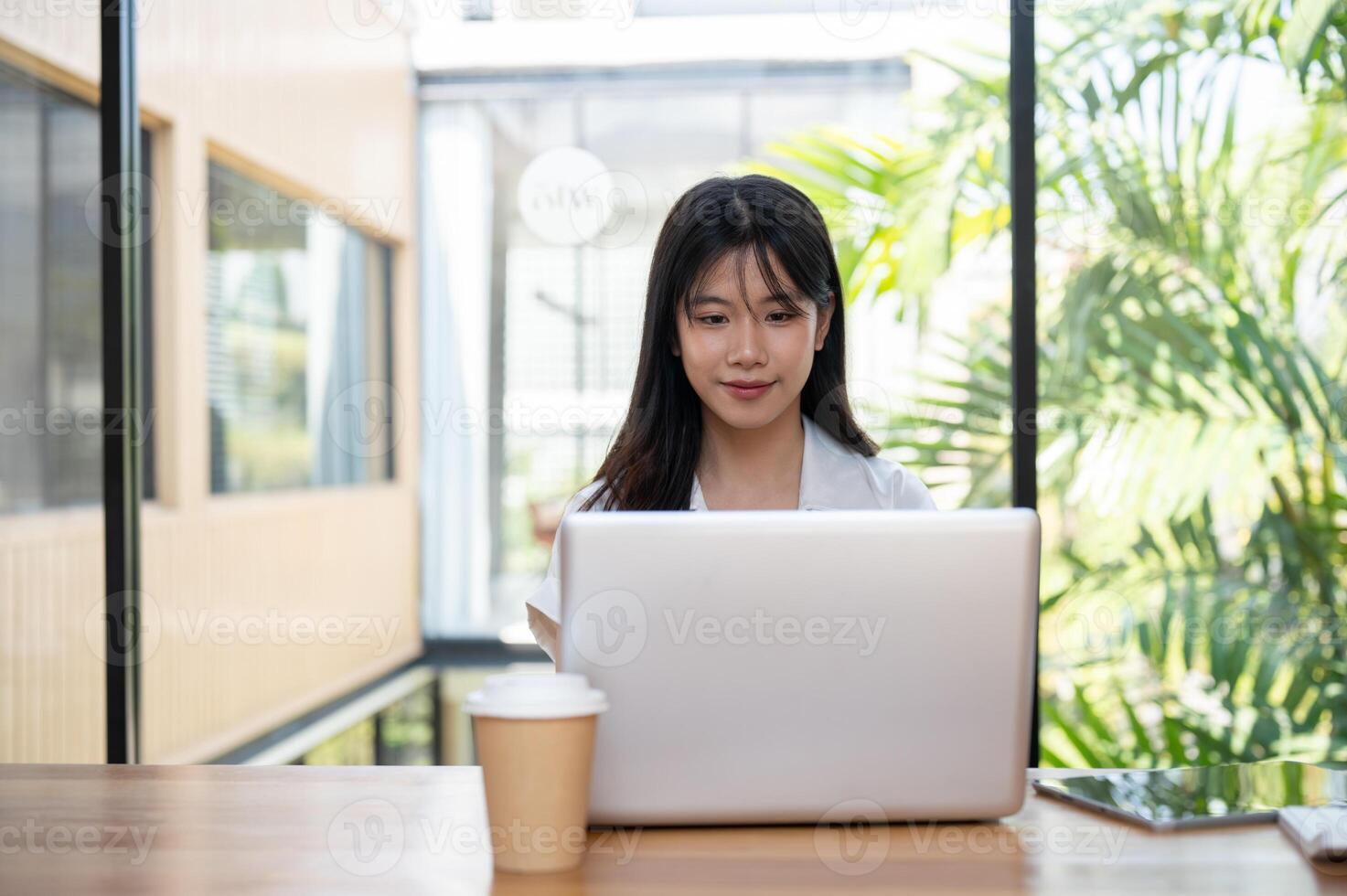 An attractive Asian businesswoman working on her laptop computer in a coffee shop co-working space. photo