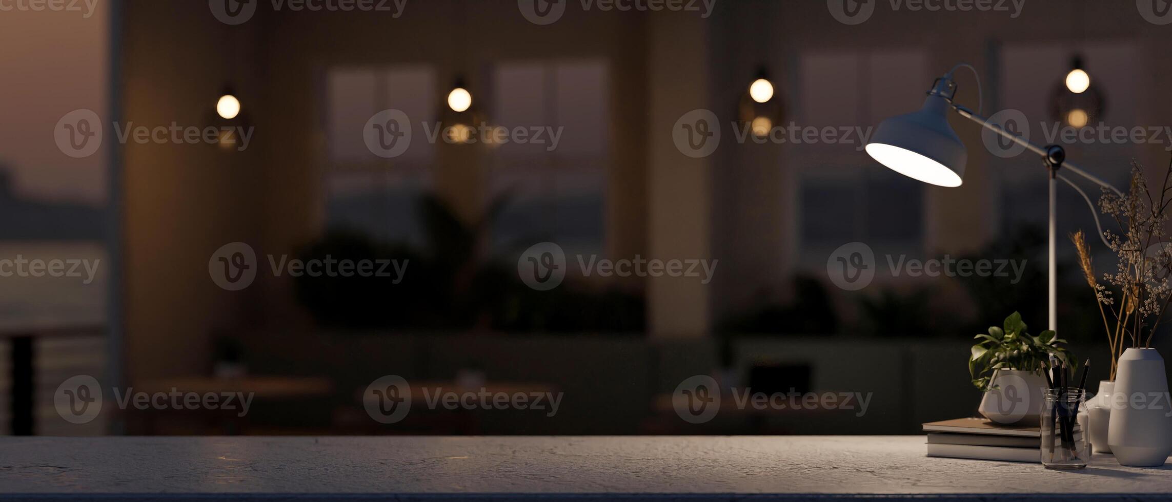 Space for displaying products on a table in a contemporary, dark coffee shop or restaurant at night. photo