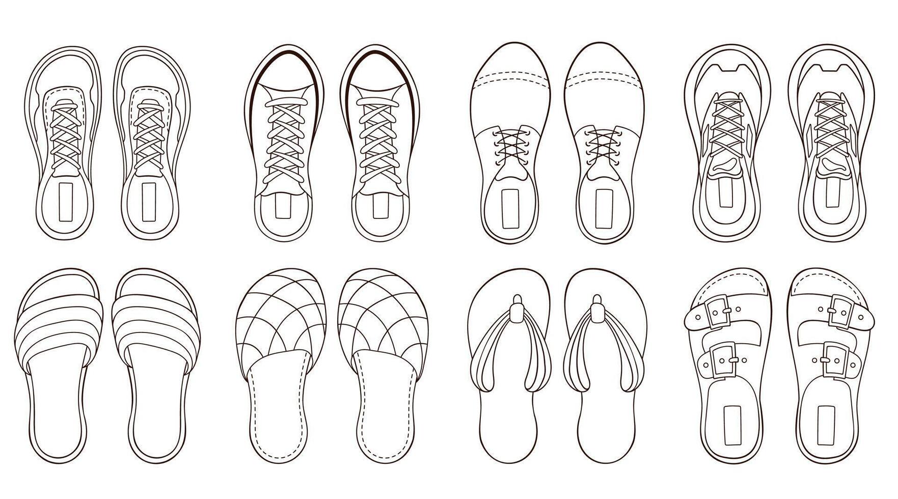 Male footwear sneakers collection in outline style. Line art set of casual shoes. illustration isolated on a white background. vector