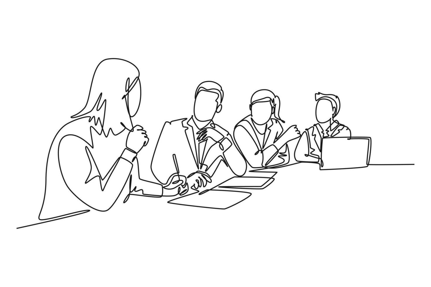 Continuous one line drawing female trainer coaching about business plan and business organization to young CEO at office. Business training concept. Single line draw design graphic illustration vector