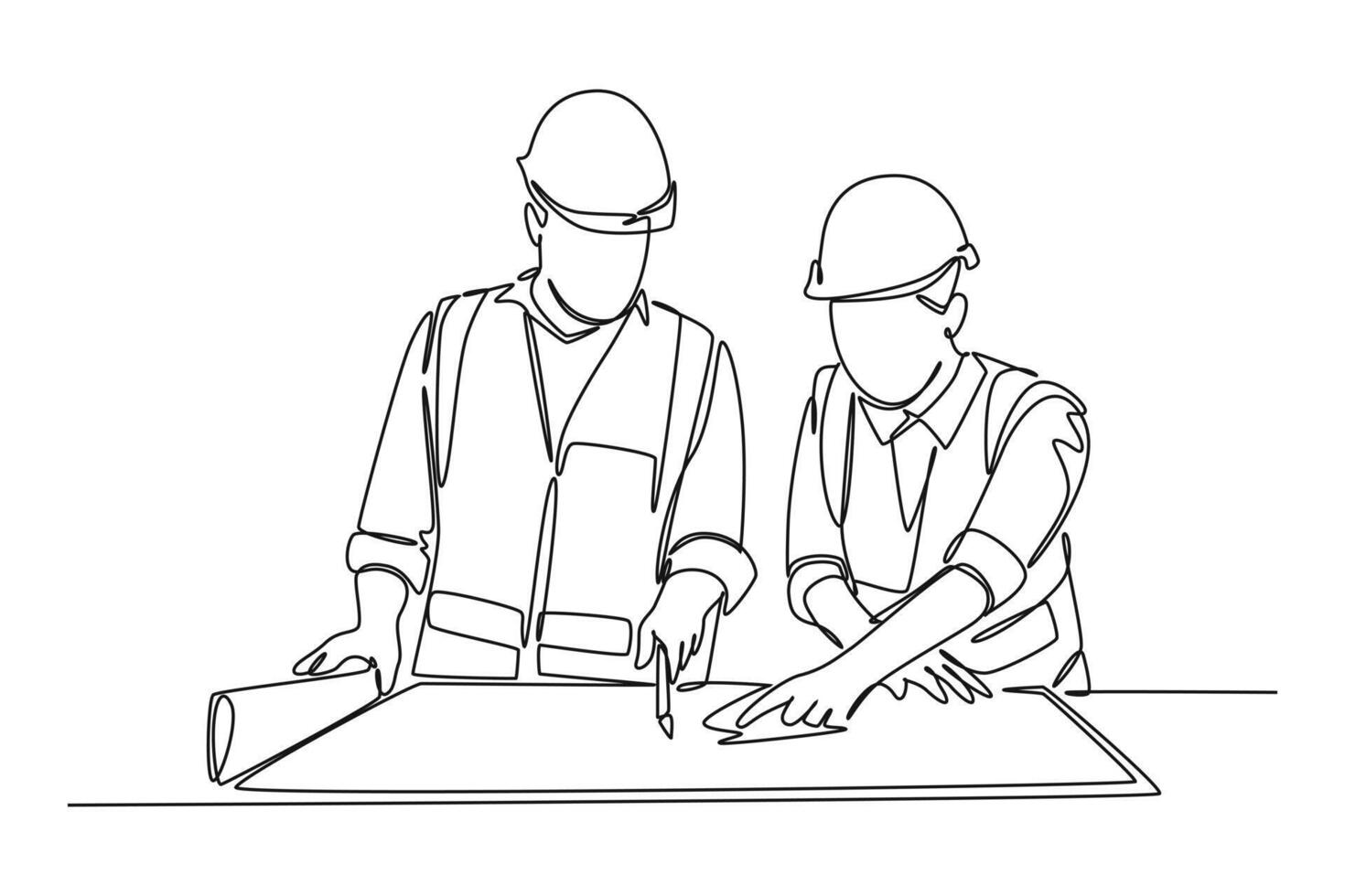 Continuous one line drawing young architect explaining sketch construction design on the table to manager. Building architecture business concept. Single line draw design graphic illustration vector