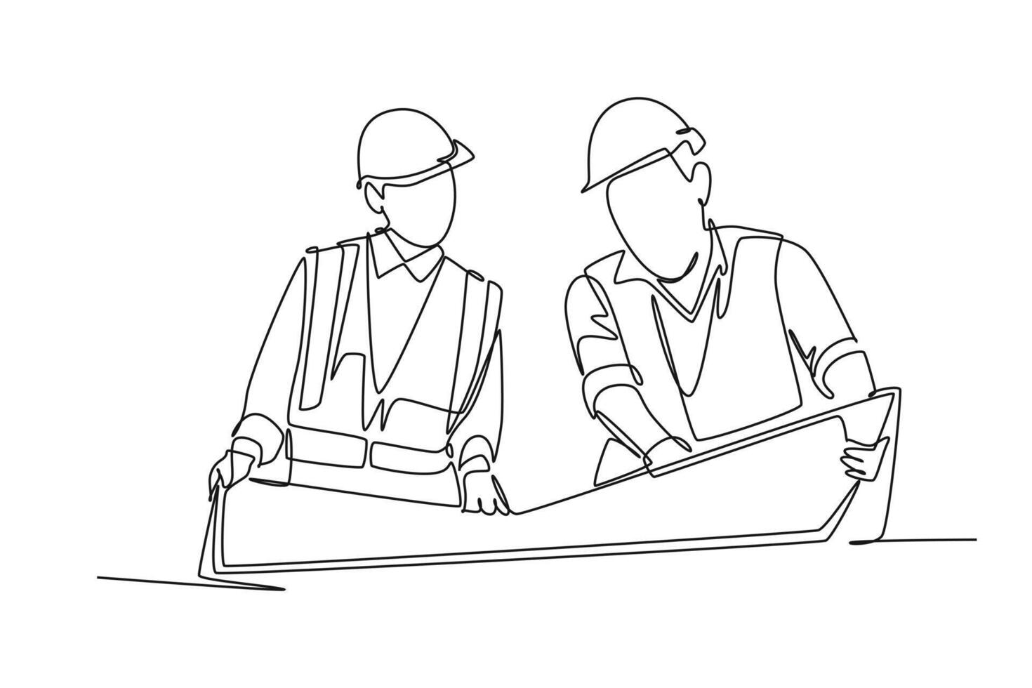 Continuous one line drawing smart young manager listening construction concept presentation from architect. Building architecture business concept. Single line draw design graphic illustration vector
