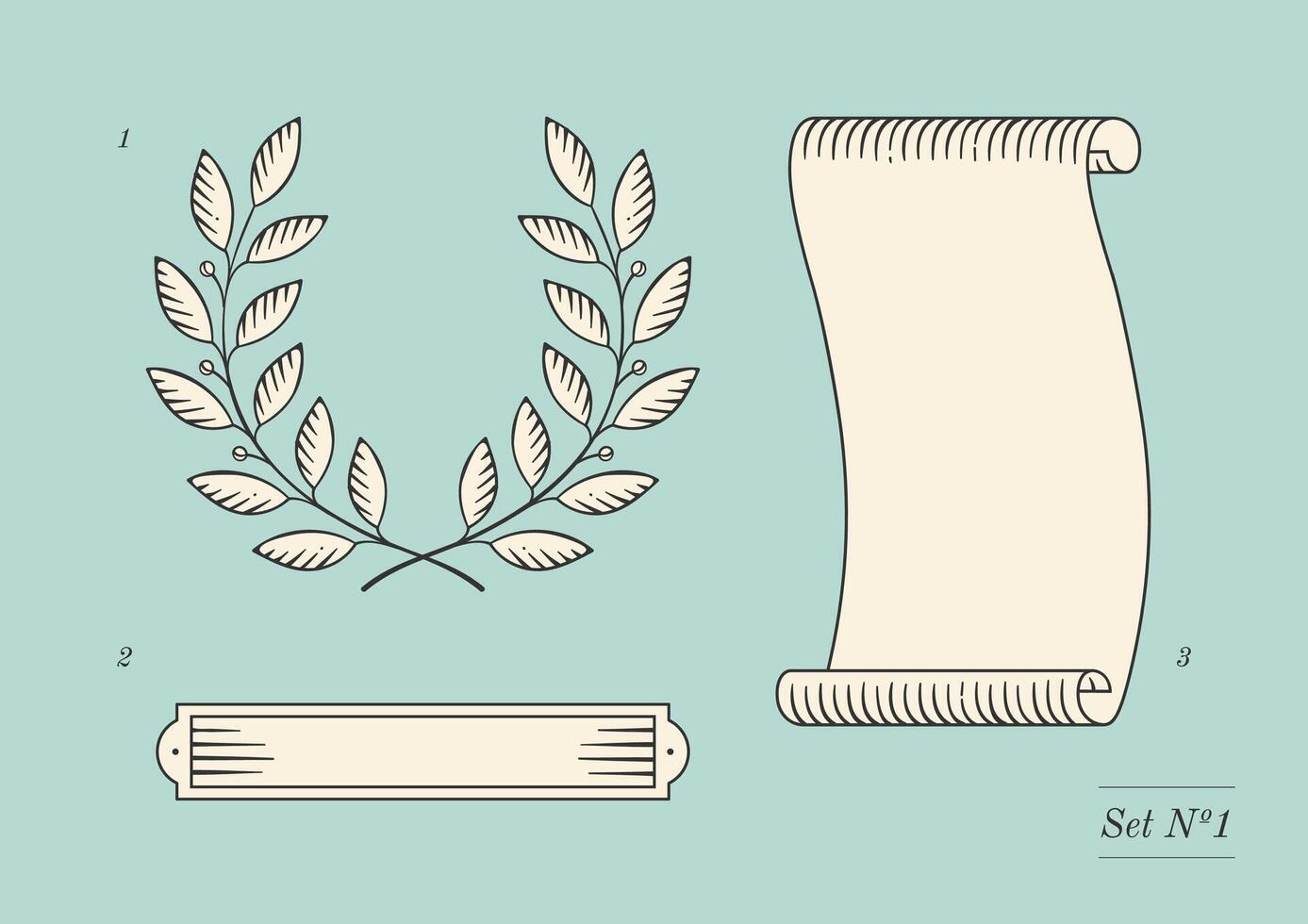 Set of old vintage ribbon banner and laurel wreath in engraving style. Hand drawn design element. illustration. vector