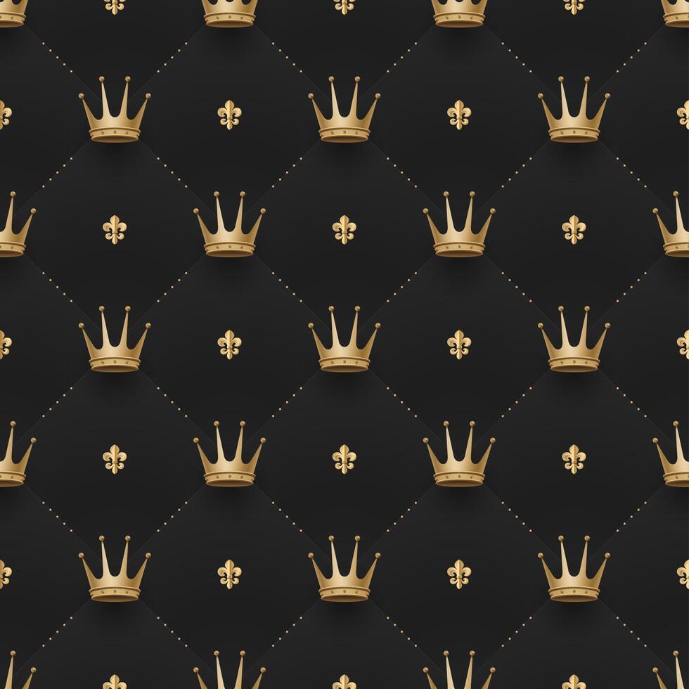 Seamless gold pattern with king crowns and fleur-de-lys on a dark black background. illustration. vector