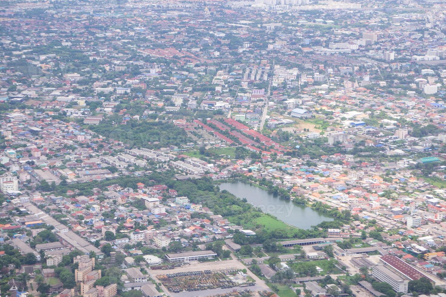 Aerial view of townscape seen through the airplane window photo