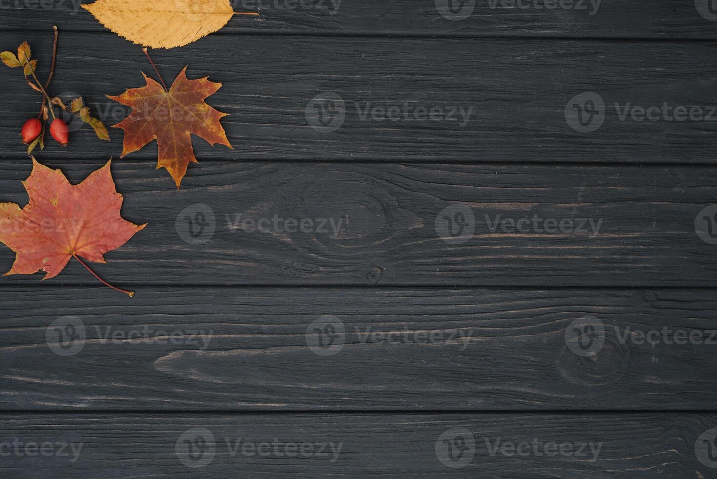 Background texture with old wooden table and yellow autumnal leaves. Autumn maple leaves on wooden background with copy space. Top view. photo