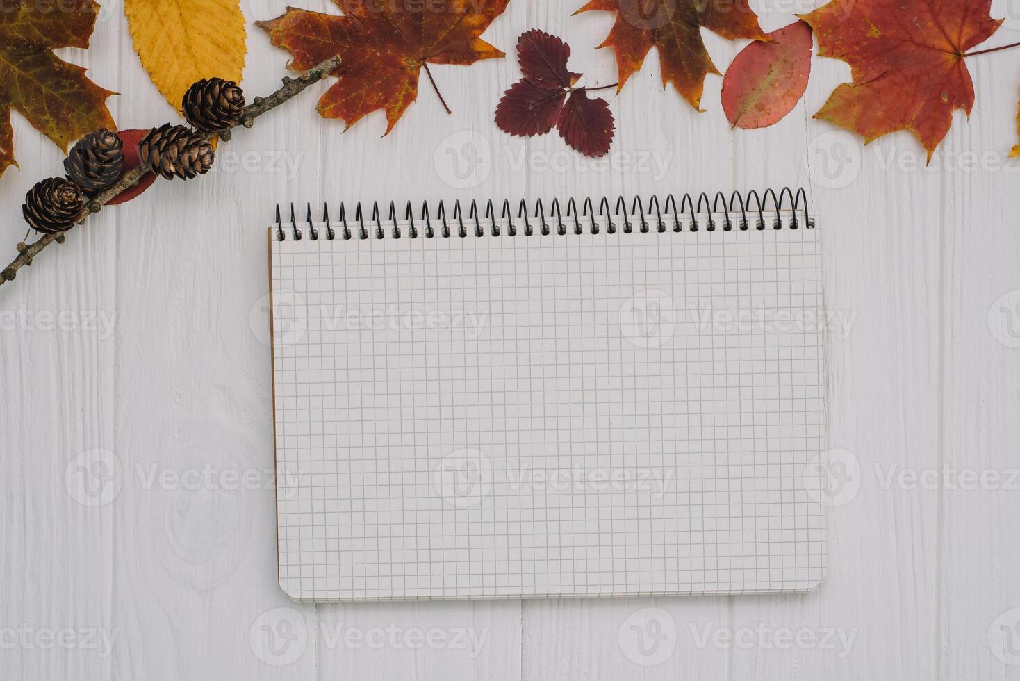 Background texture with old wooden table and yellow autumnal leaves. Autumn maple leaves on wooden background with copy space. Top view. photo
