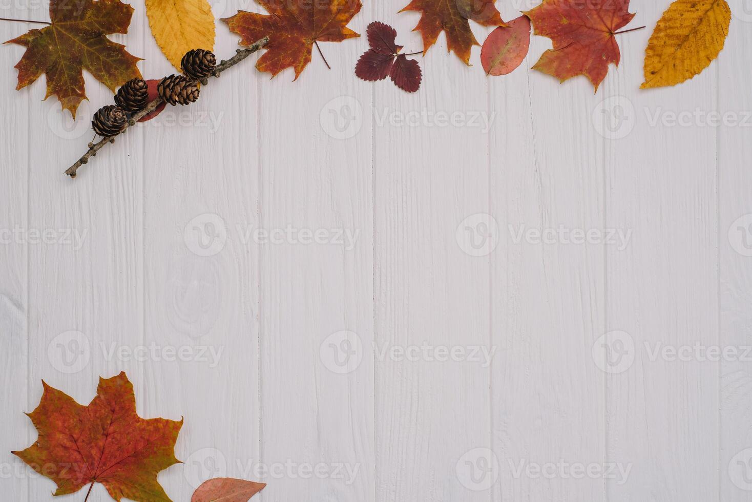 Background texture with old wooden table and yellow autumnal leaves. Autumn maple leaves on wooden background with copy space. Top view. photo