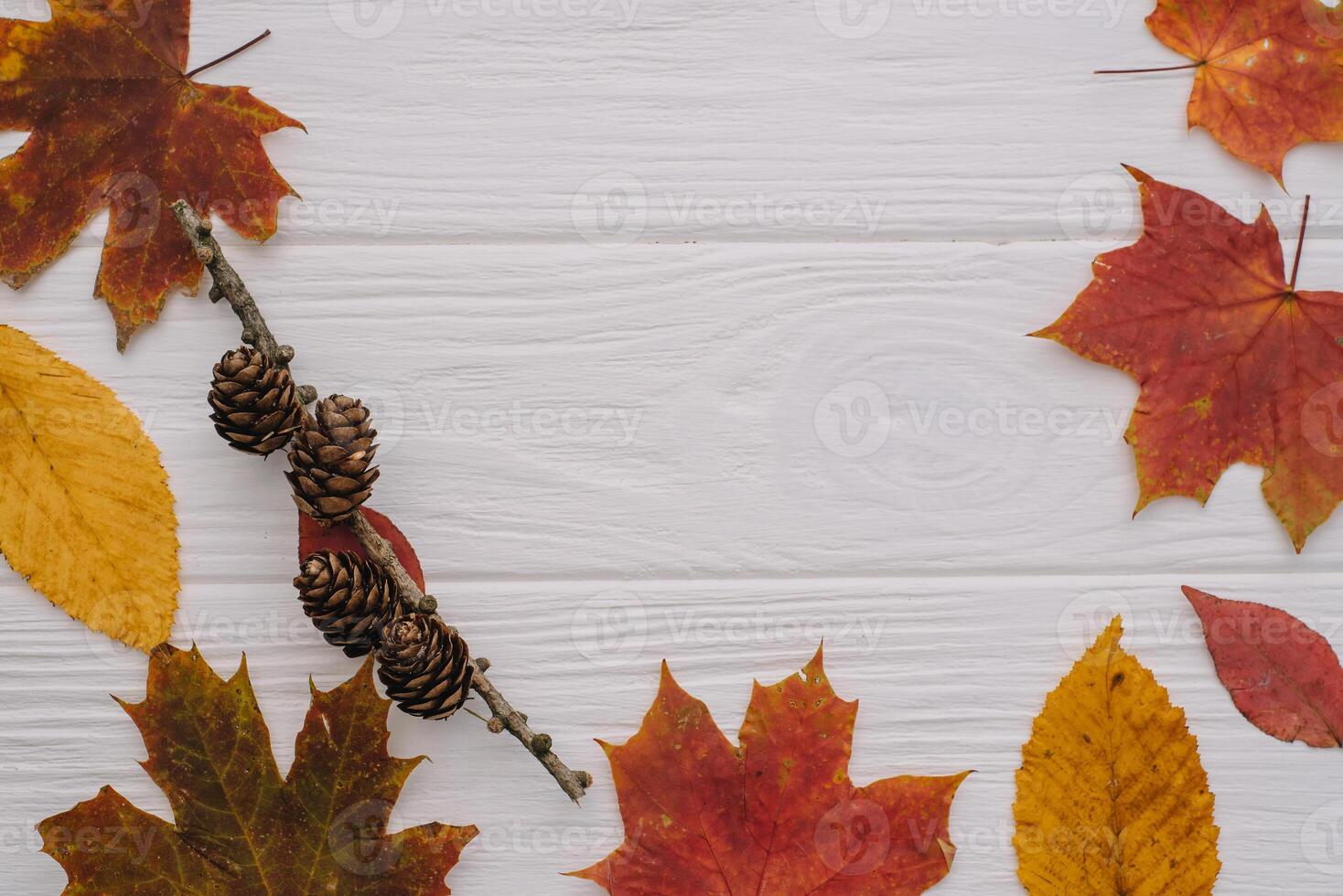 Background texture with old wooden table and yellow autumnal leaves. Autumn maple leaves on wooden background with copy space. Top view. photo