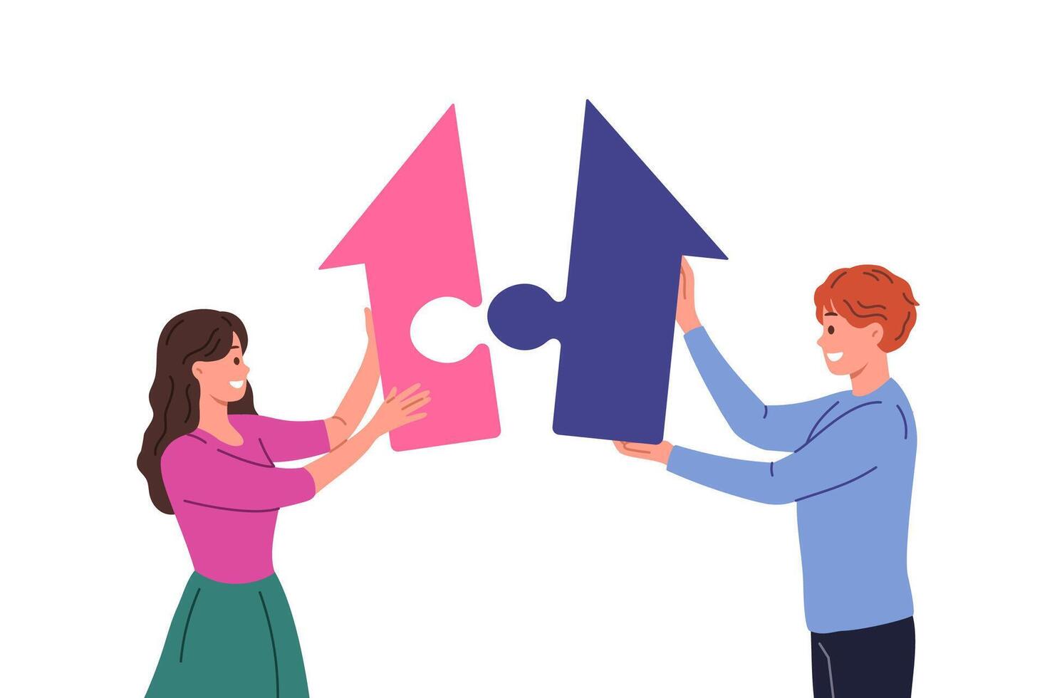 Buying family property by couple of man and woman putting together large puzzle in shape of house vector