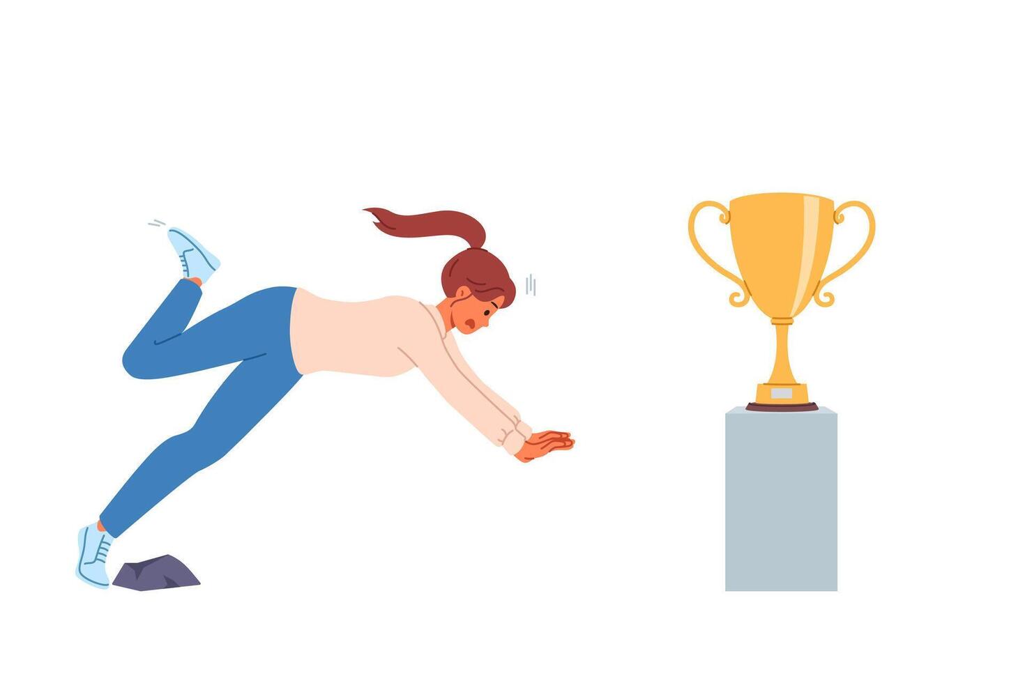 Woman falls on path to success and fails in desire to get golden cup symbolizing leadership vector