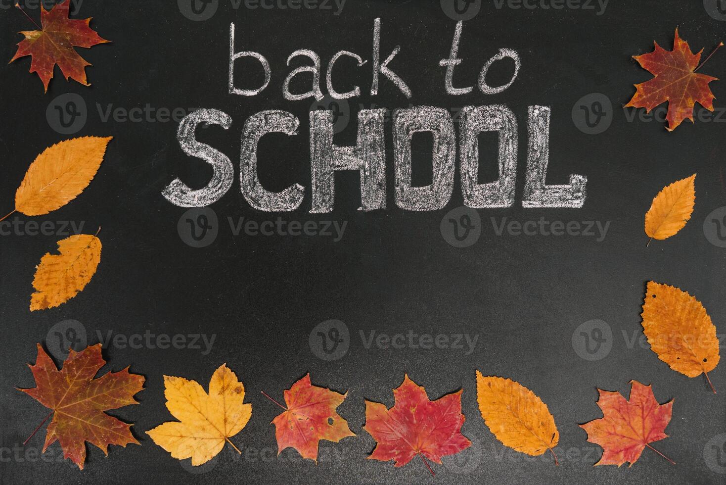 Back to school concept. School and office supplies on blackboard background. Flat lay with copy space photo