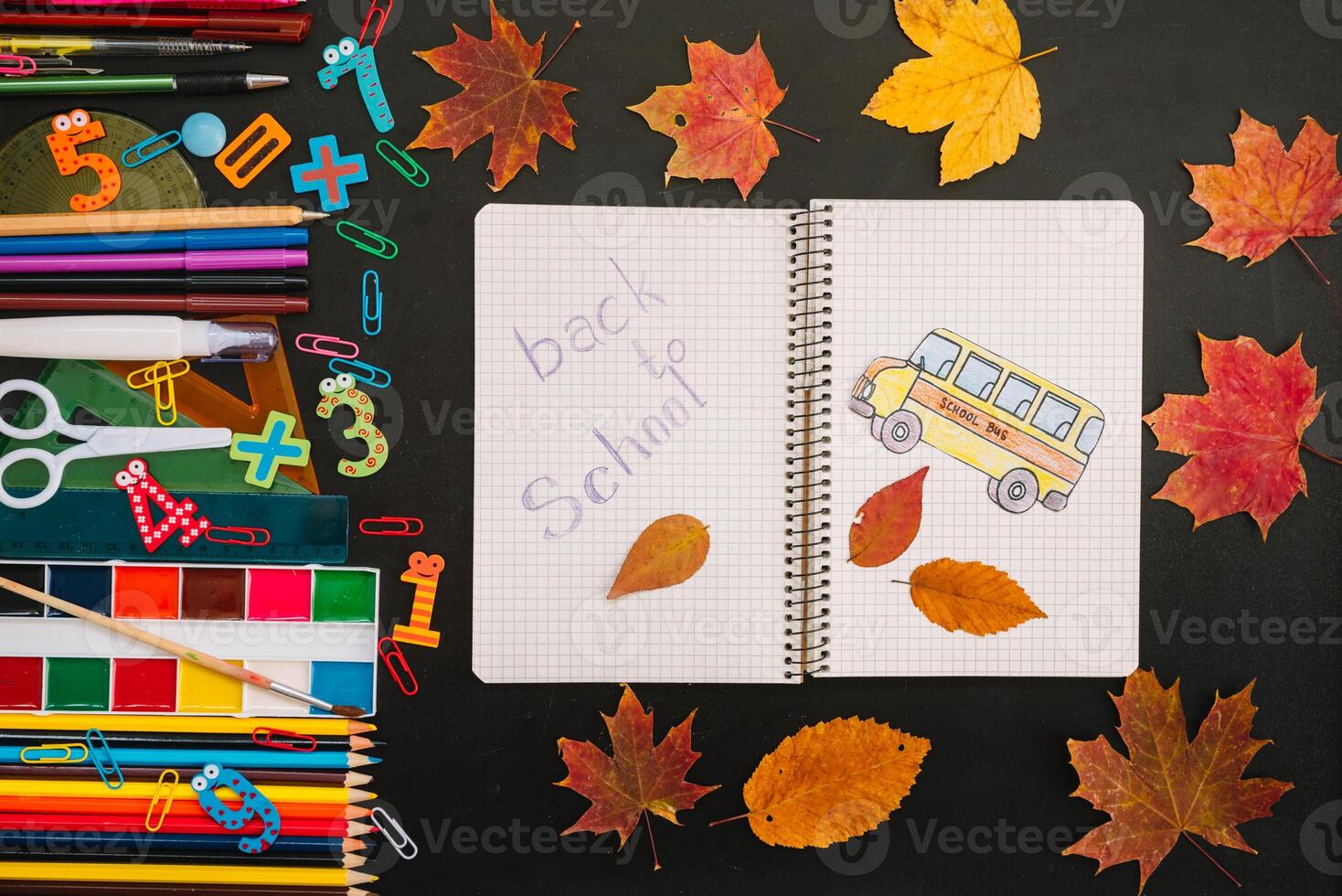 Back to school concept. School and office supplies on blackboard background photo