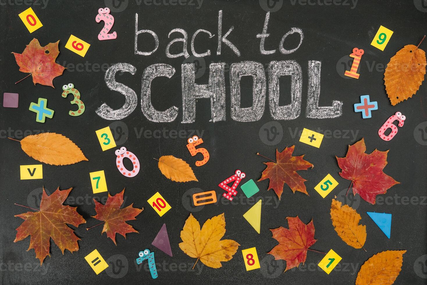 Back to school concept. School and office supplies on blackboard background photo