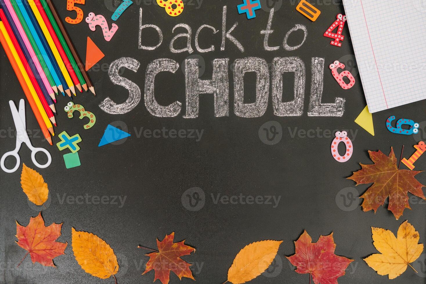 Back to school concept. School and office supplies on blackboard background. Flat lay with copy space photo