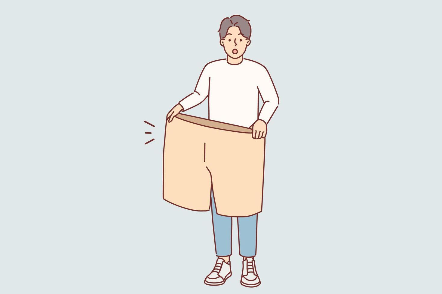 Lost weight man with big shorts in hands is surprised at size of own clothes from past vector