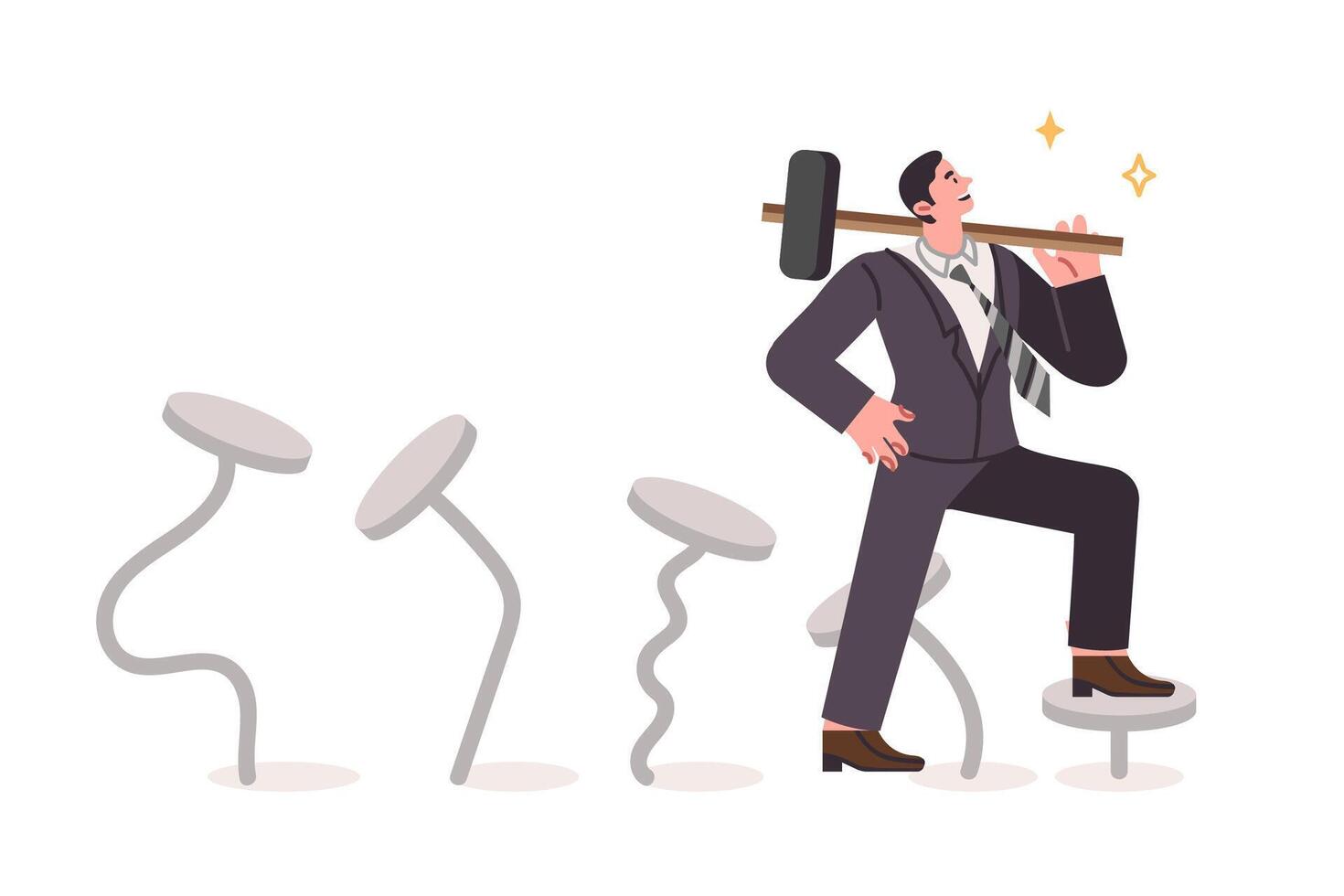 Business man gains professional skills through perseverance, holding sledgehammer standing on nails vector