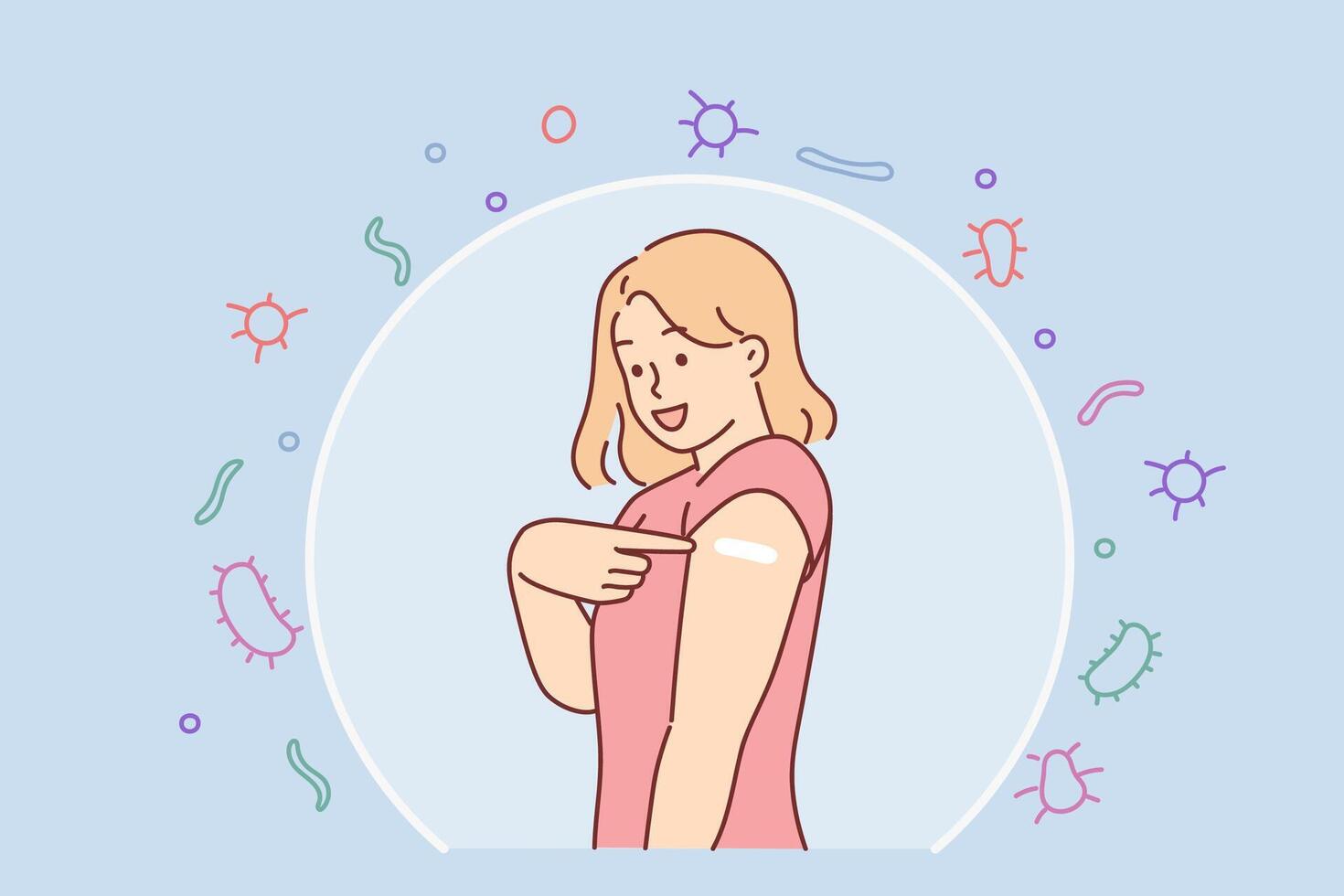 Woman recommends vaccination to improve immunity, stands in cocoon that protects against viruses vector