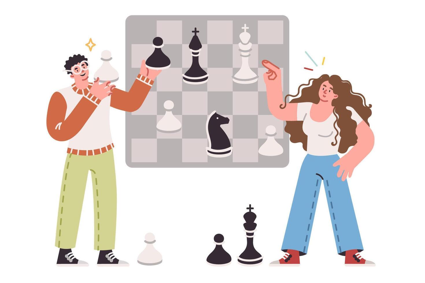 Chess game between man and woman symbolizes team strategic planning of business processes vector
