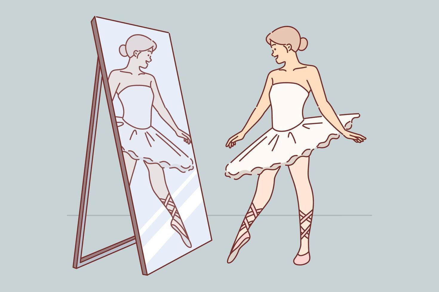 Woman ballerina looks in mirror with smile, practicing to pull toe before performing on stage vector