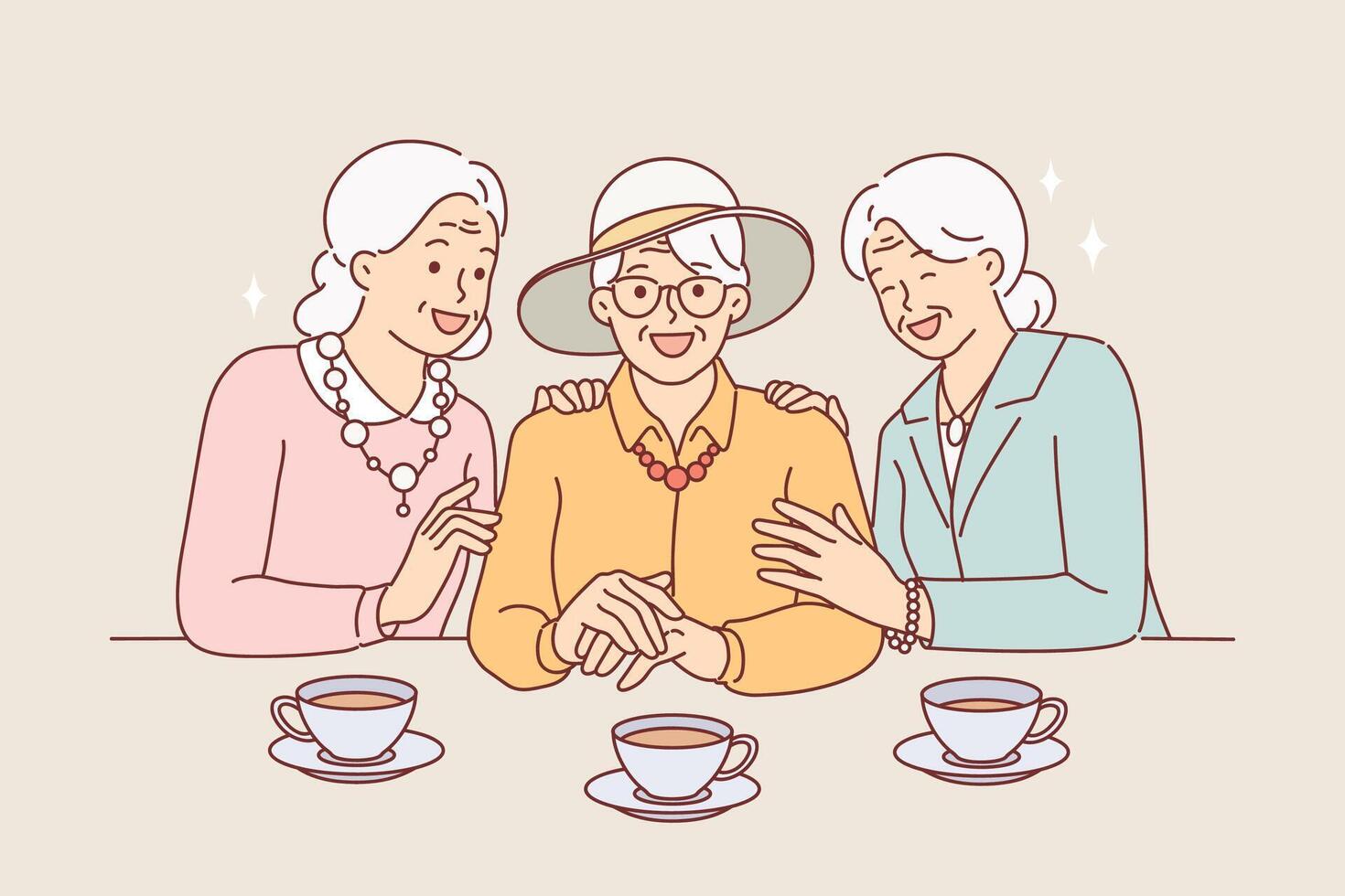 Elderly women drink tea and laugh, rejoicing at long-awaited meeting, dressed in elegant clothes vector