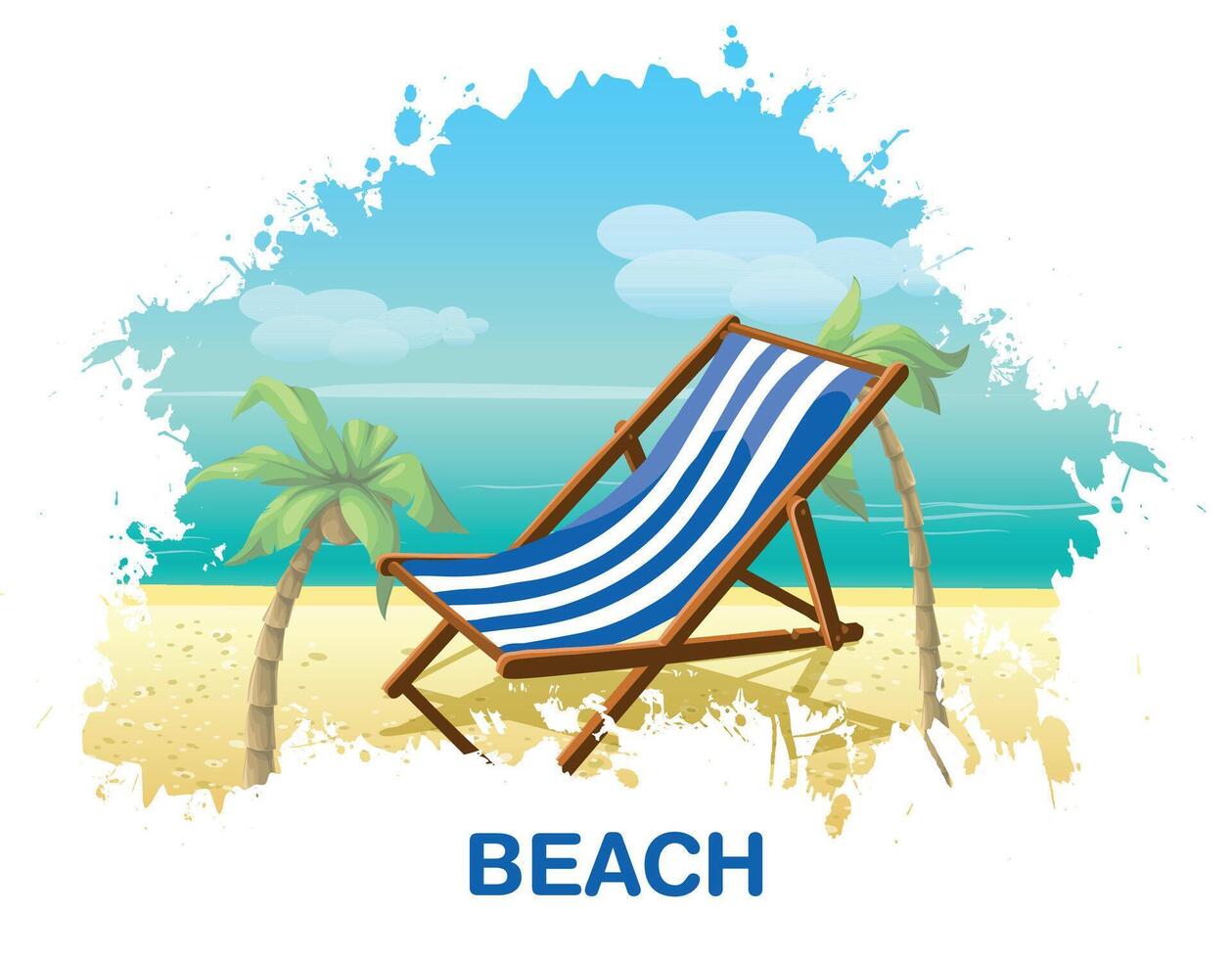 a beach scene with a beach chair and palm trees. vector