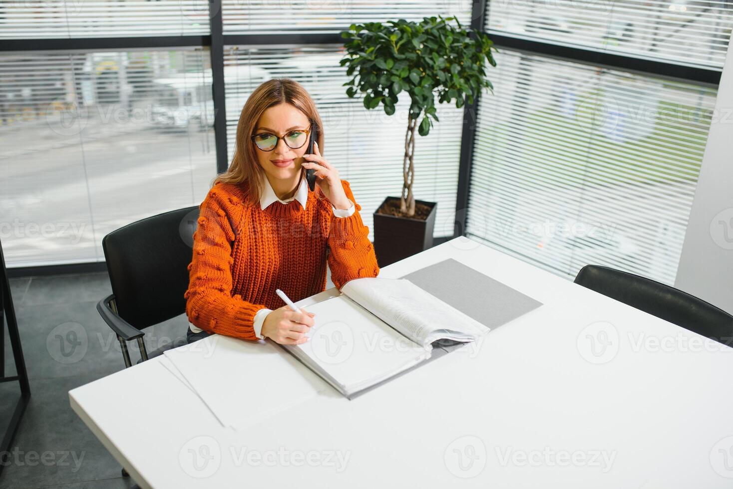 Happy smiling business woman at work talking on phone, sitting at her working place in office, copy space photo