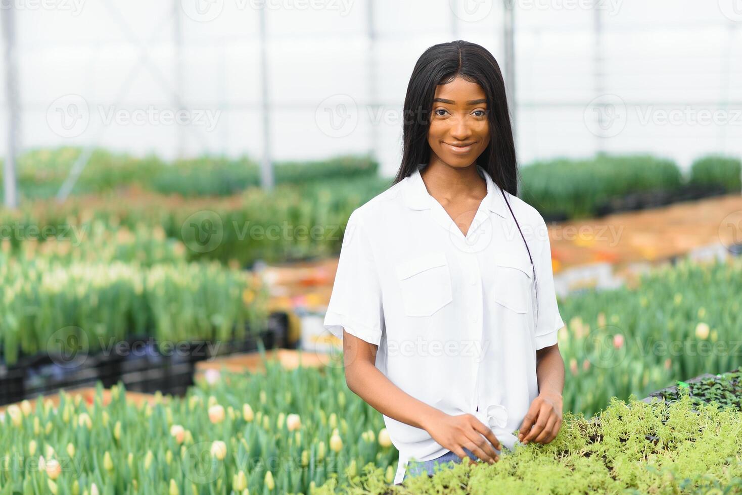 Agriculture management. Smiling african american girl makes photo of flowers plantation in greenhouse, side view, free space