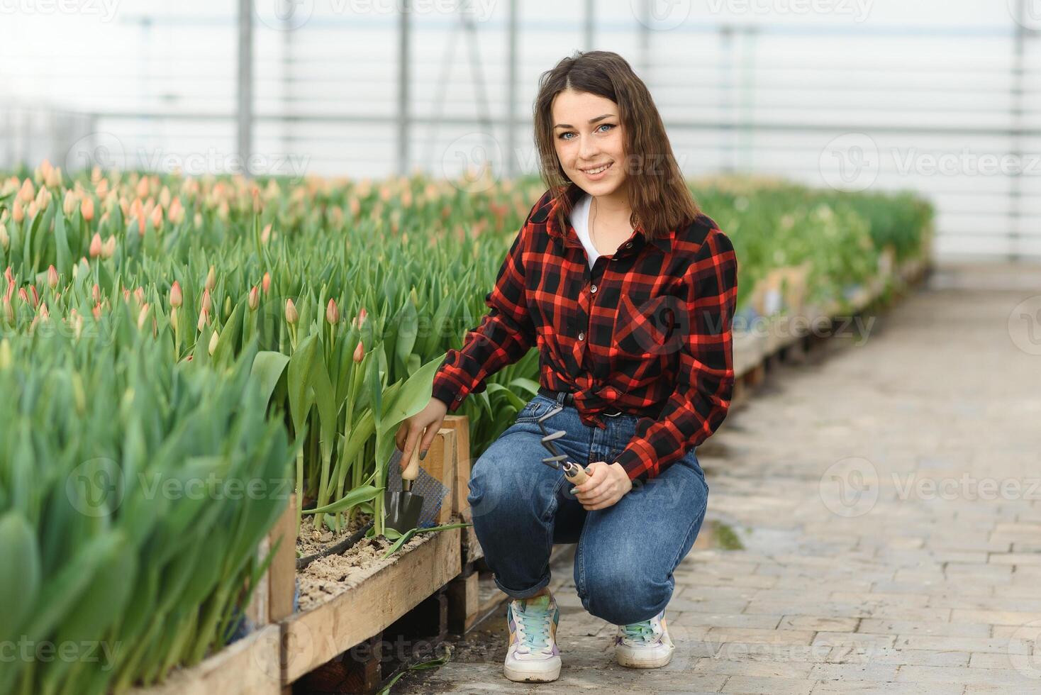 Beautiful young smiling girl with tablet, worker with flowers in greenhouse. Concept work in the greenhouse, flowers. photo