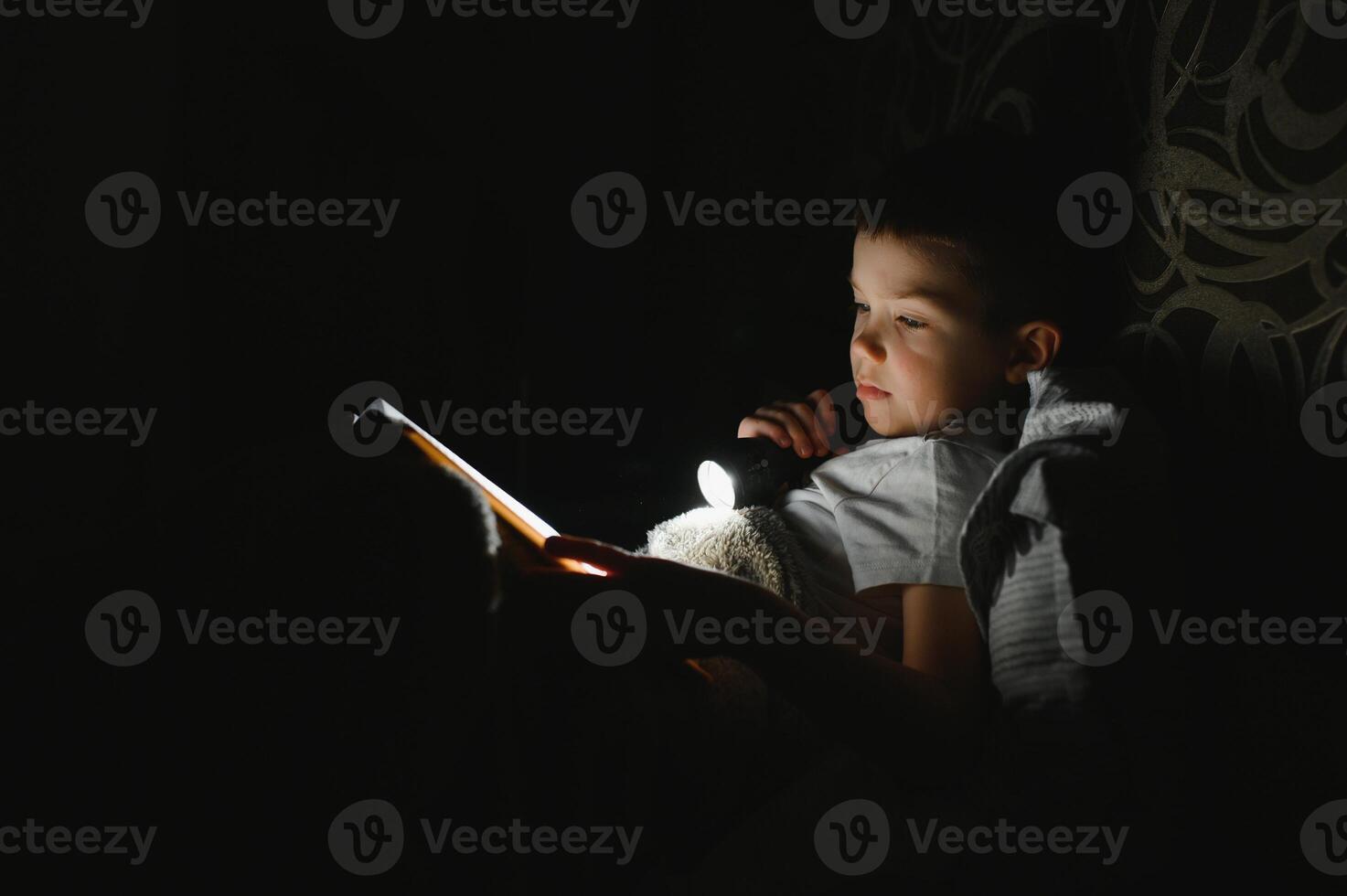 Portrait of cute little boy reading in bed with flashlight in dark room, enjoying fairytales photo