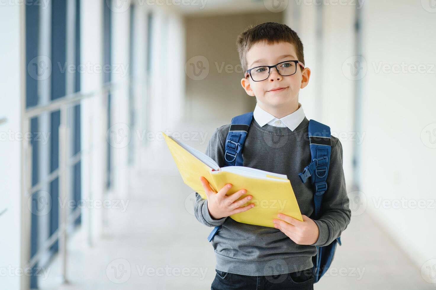 Cute schoolboy with books and a backpack photo